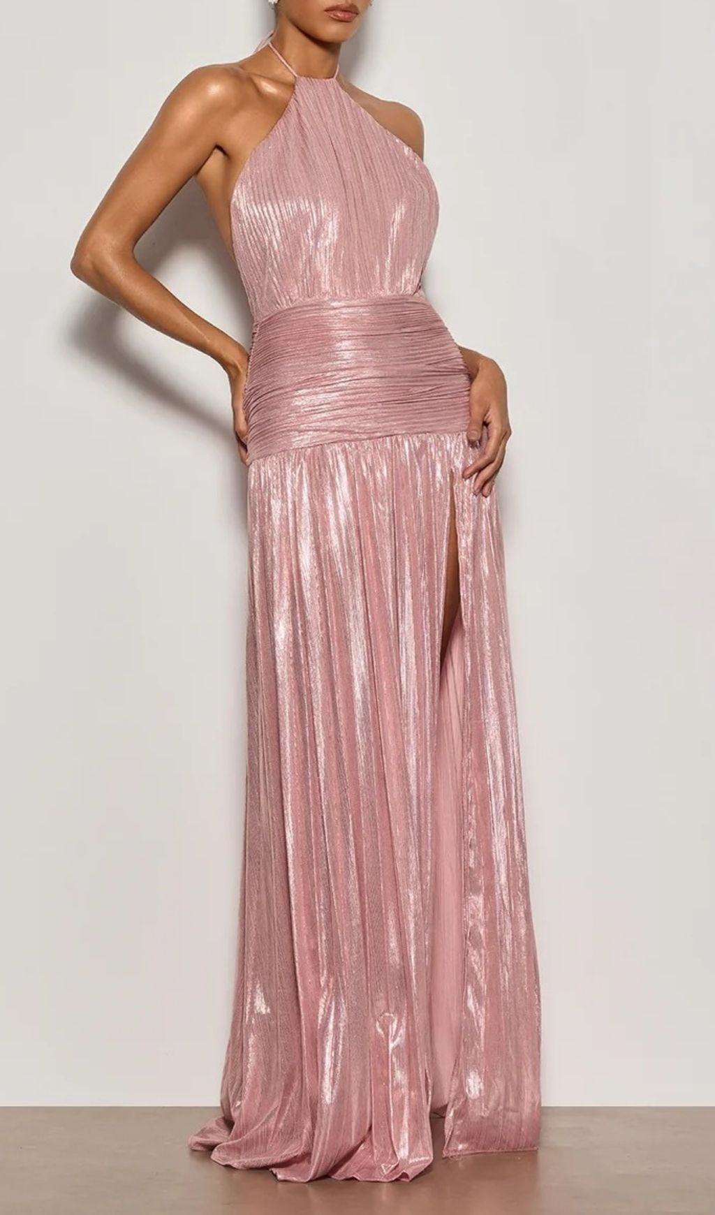Fashionslee Women Syriona Halterneck Split Pleated Metallic Maxi Dress In Pink