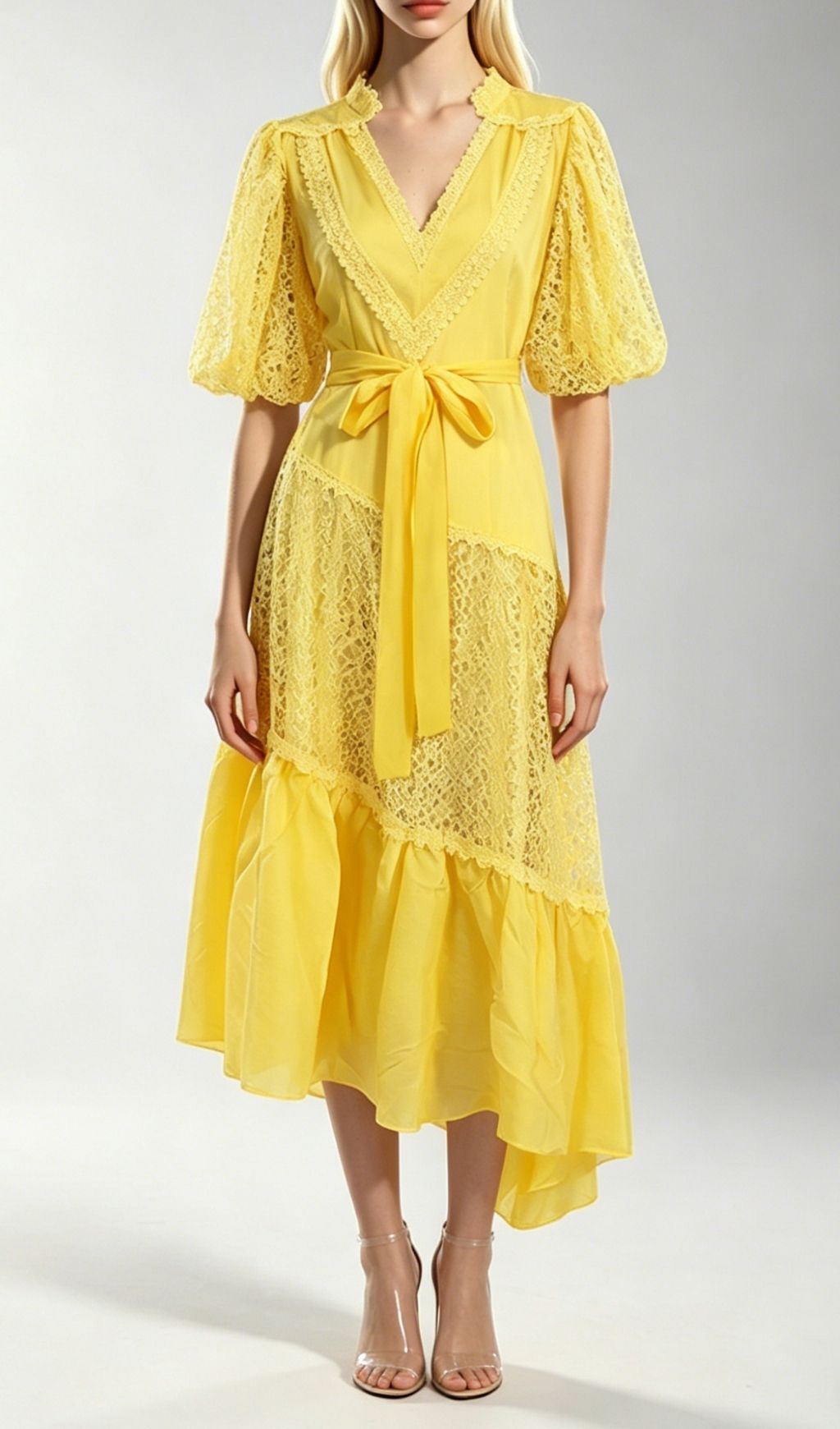 Fashionslee Women Klara Yellow Puff Sleeve Lace Midi Dress