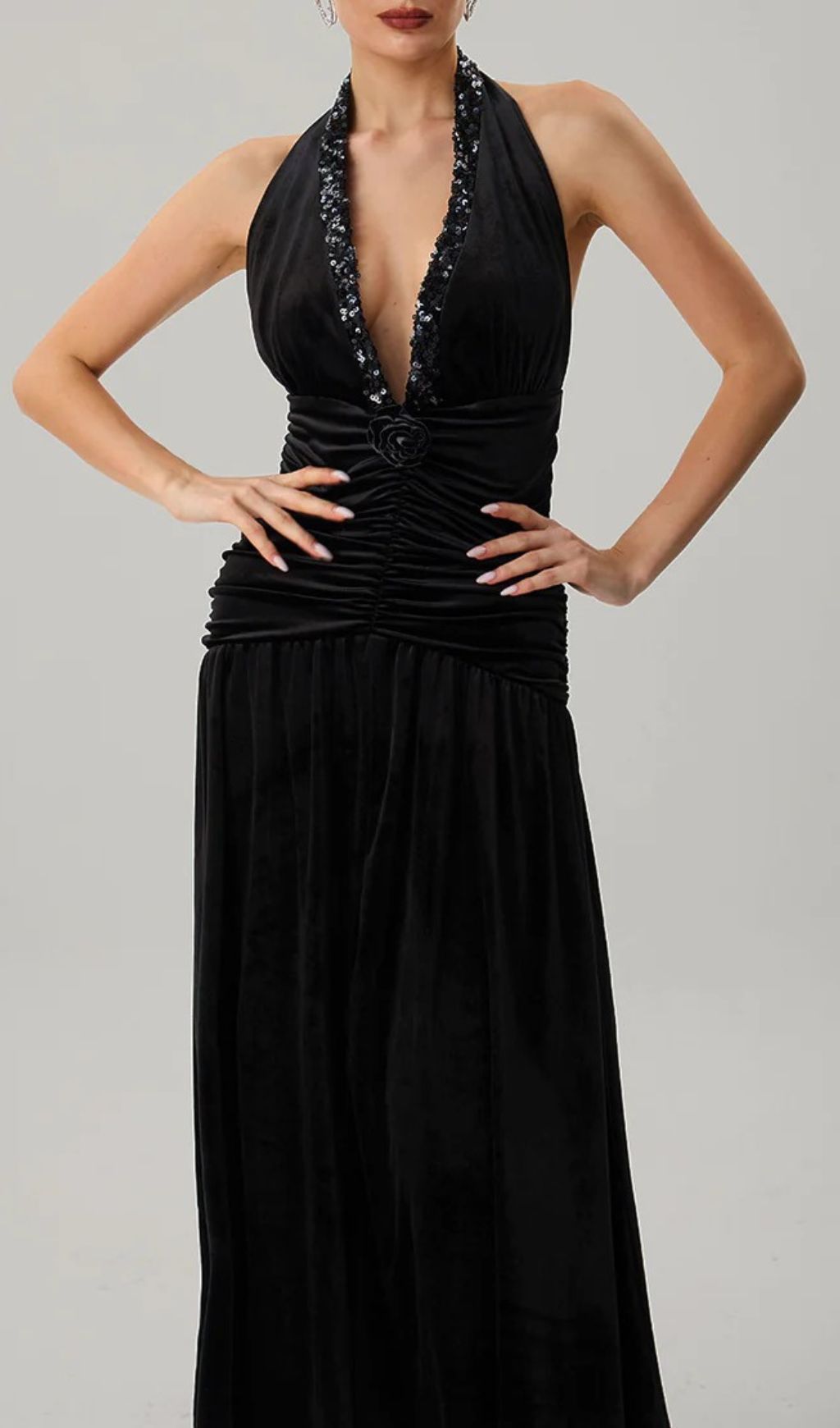 Fashionslee Women Faro Halterneck Ruched Maxi Dress