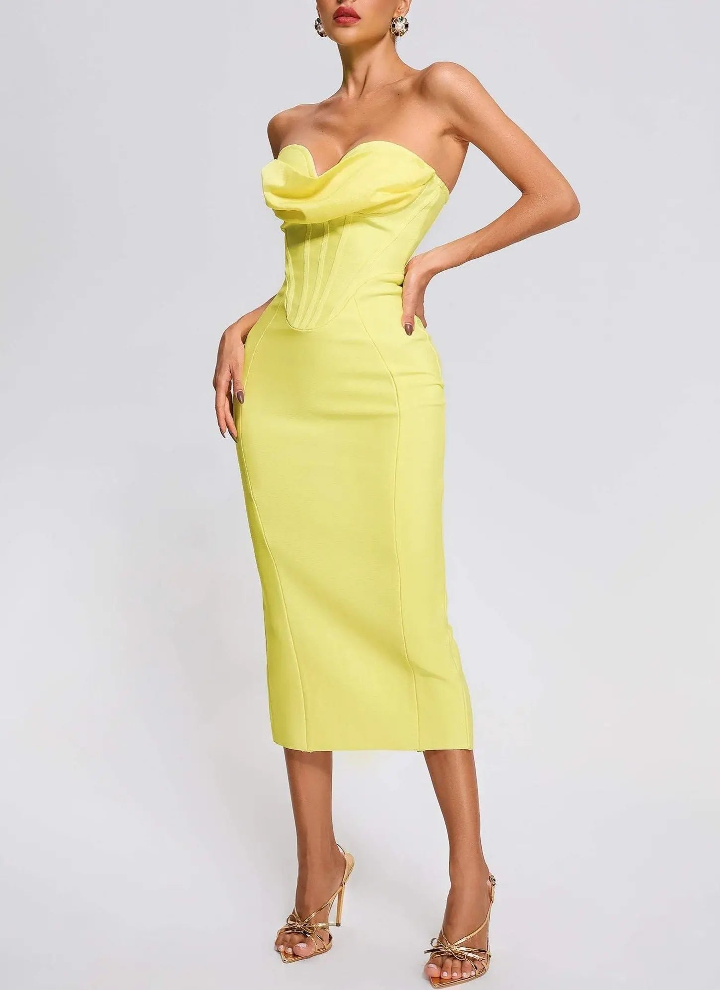 Fashionslee Women Yellow Strapless Bandage Midi Dress