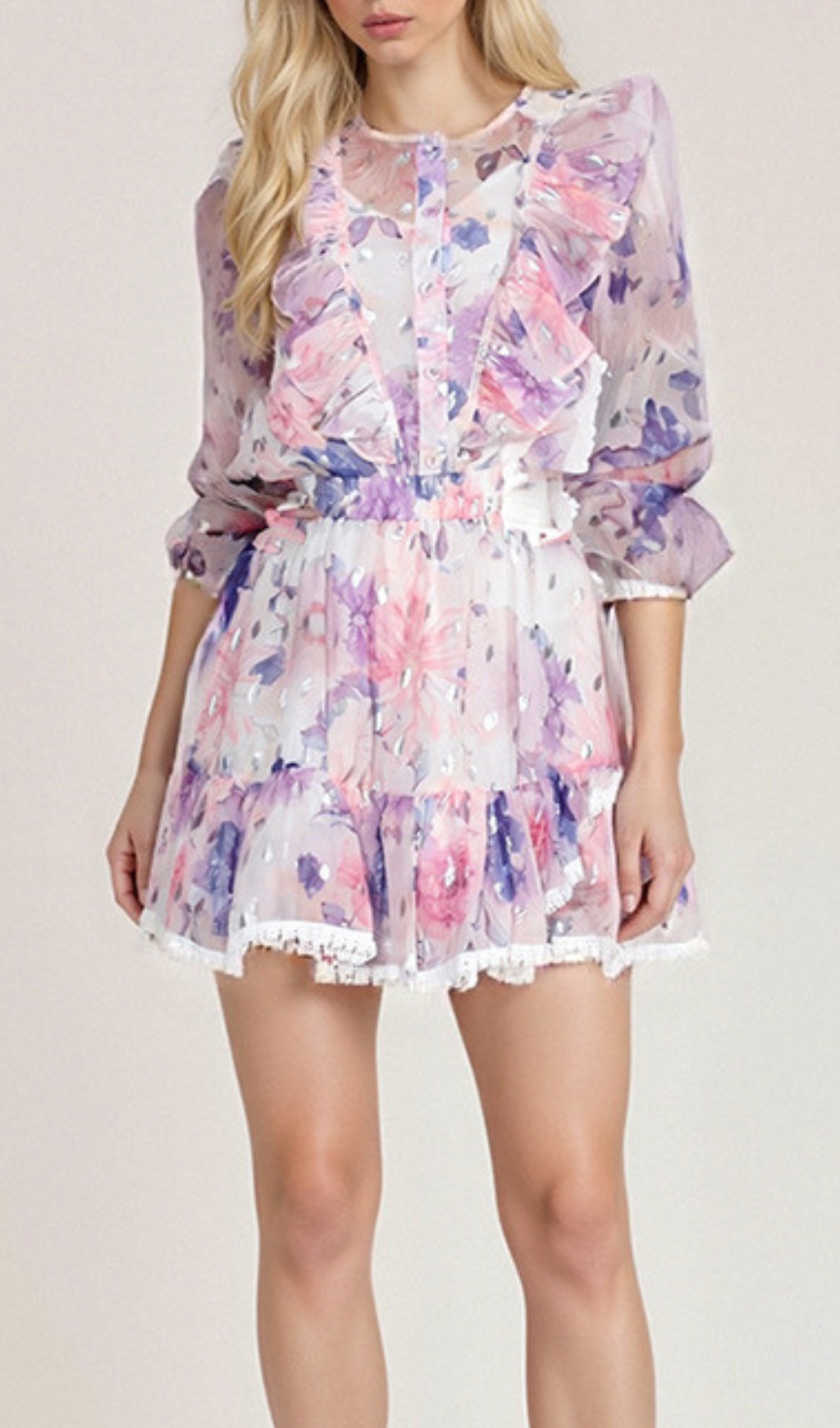 Fashionslee Women Elvina Purple Ruffle Printed Skirt Set
