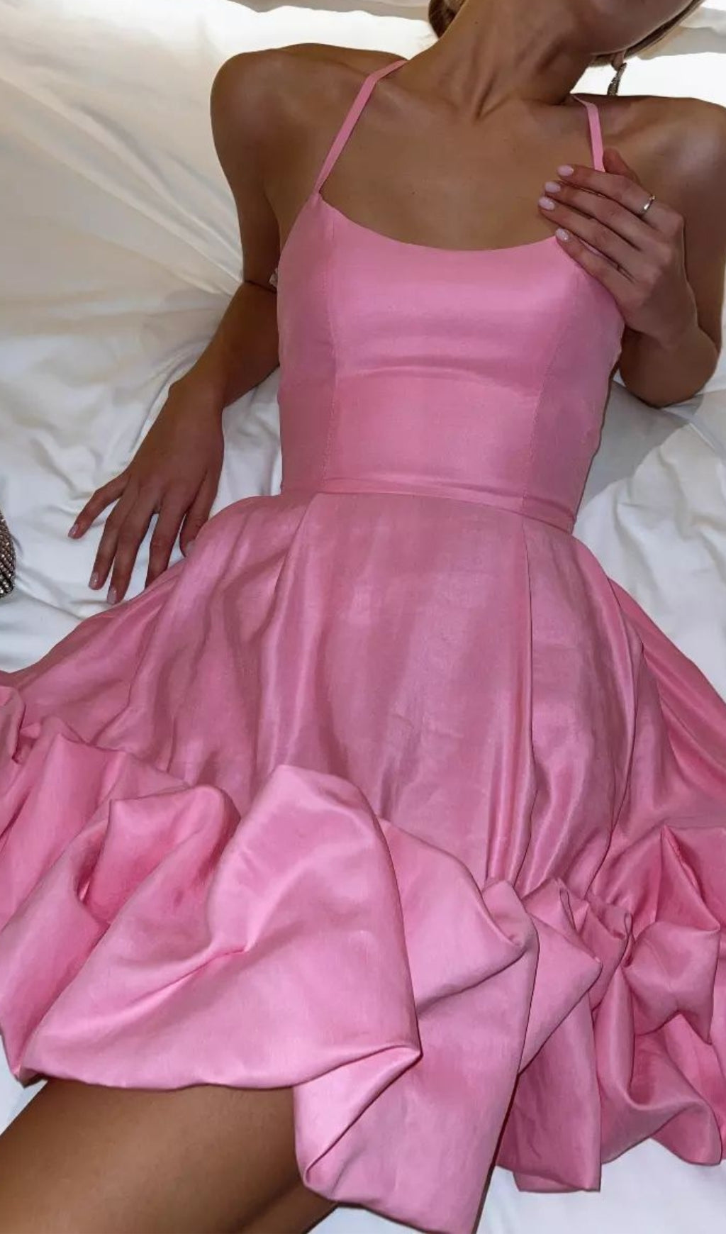 Fashionslee Women Strapless Halter Satin Mini Dress In Pink