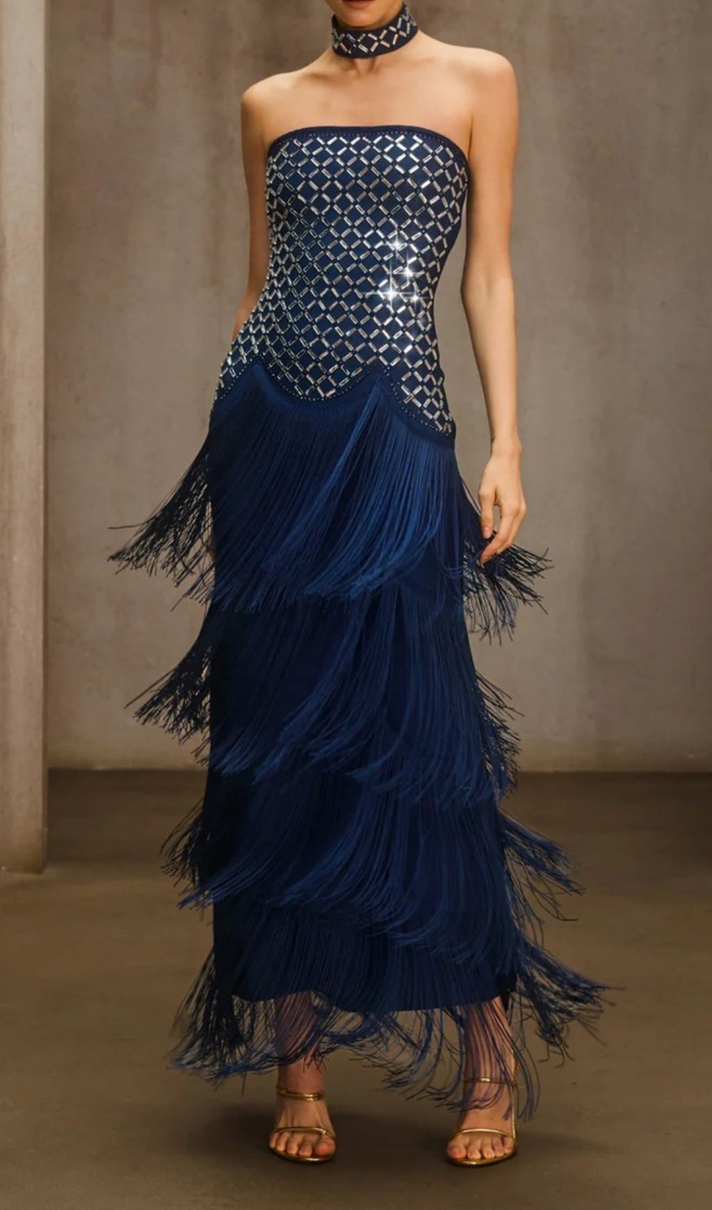 Fashionslee Women Dunlap Strapless Rhinestone Fringe Maxi Dress