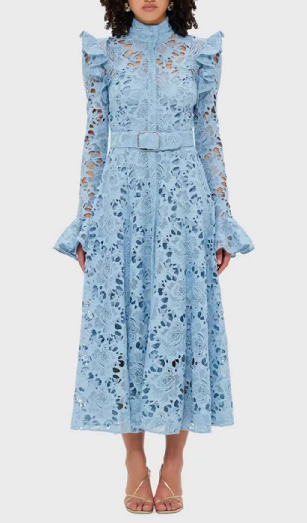 Fashionslee Women Elea Blue Embroidery Long Sleeve Midi Dress