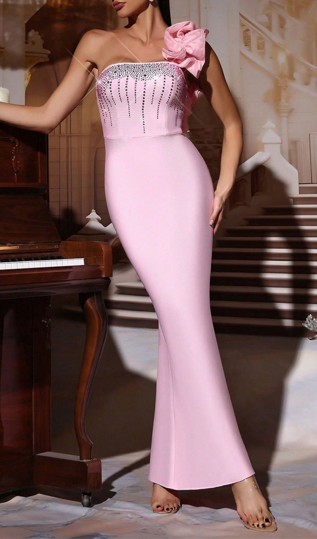Fashionslee Women Hadlee Pink One-Shoulder Bandage Maxi Dress