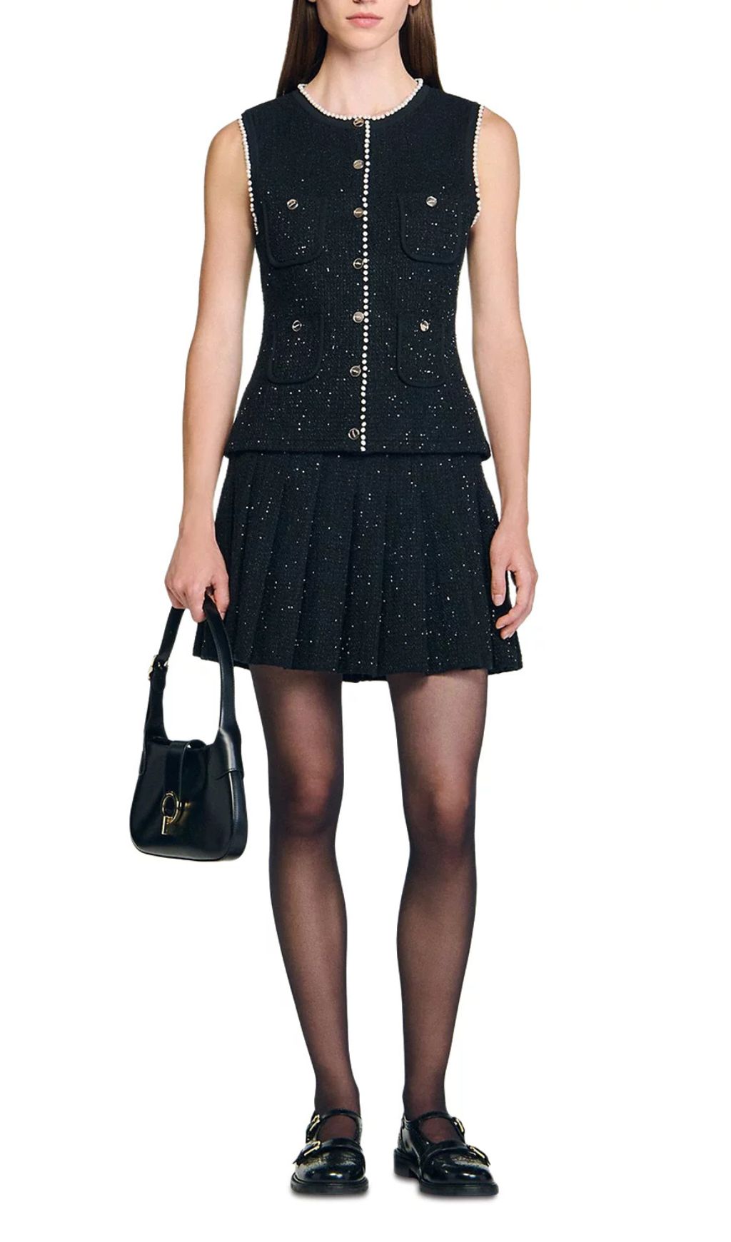 Fashionslee Women Black Decorative Tweed Waistcoat