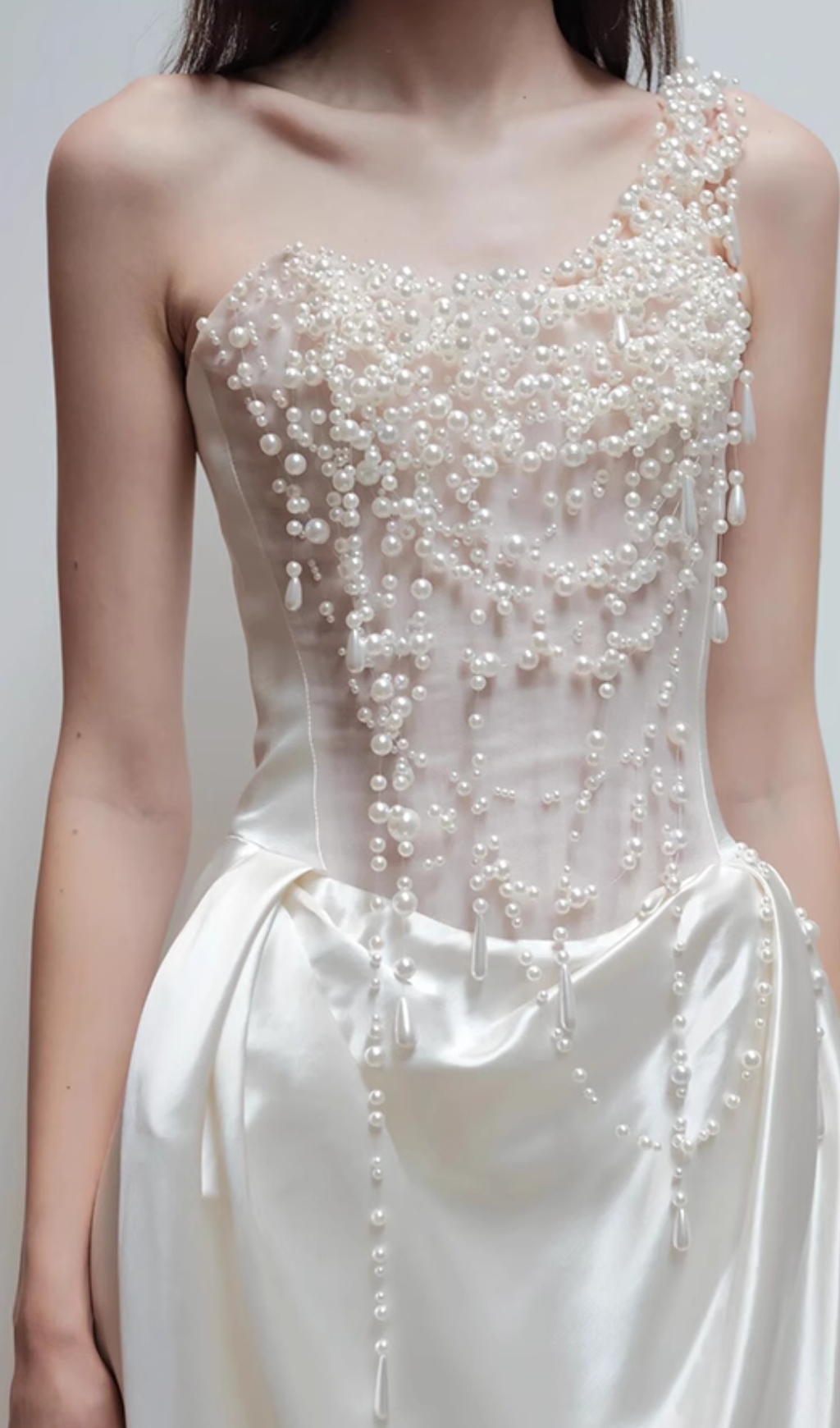 f6974a866810f877bad32029e7099984.jpg Fashionslee Women Cali White Pearl One-Shoulder Wedding Dress