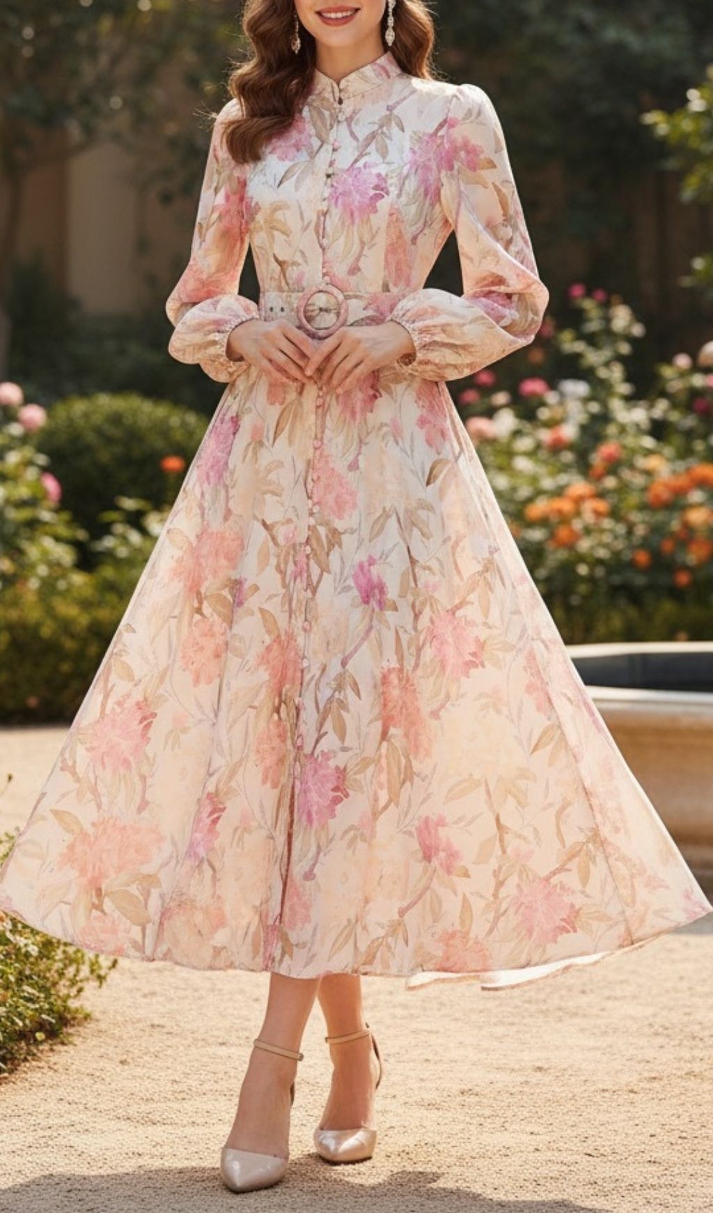 Fashionslee Women Kameryn Pink Floral Long Sleeve Midi Dress