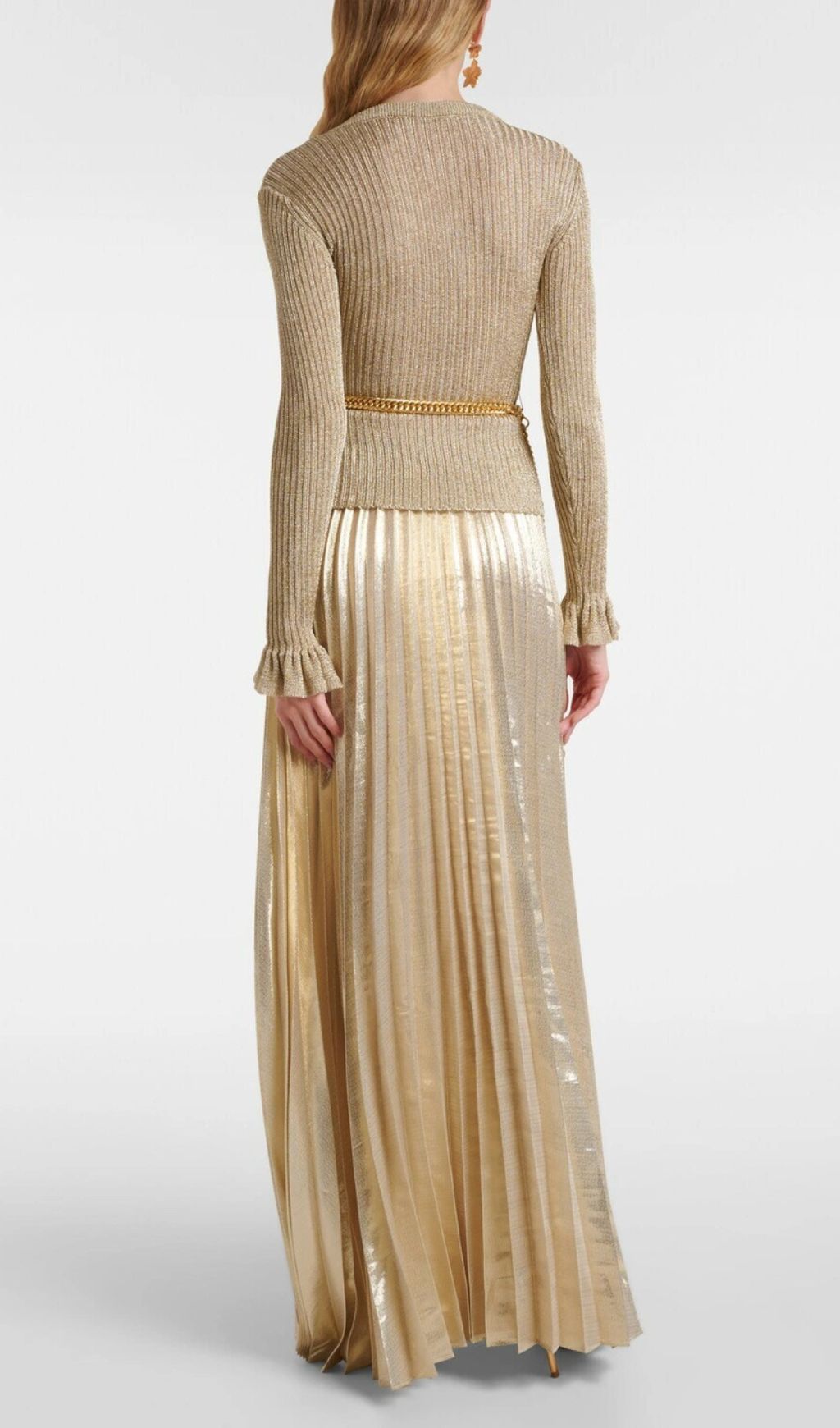 Fashionslee Women Gold Lurex Ribbed Knit Maxi Dress