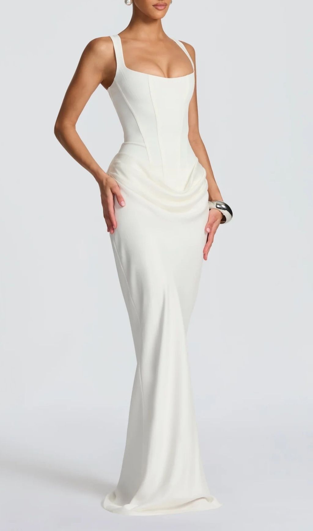 Fashionslee Women Keelia White Strappy Corset Ruched Maxi Dress