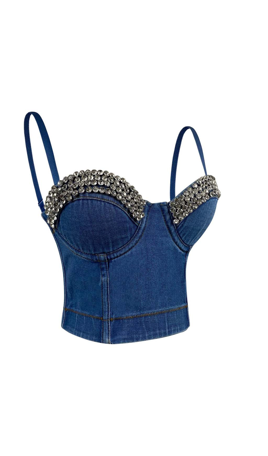 Fashionslee Women Rhinestone Backless Cropped Top In Navy Blue