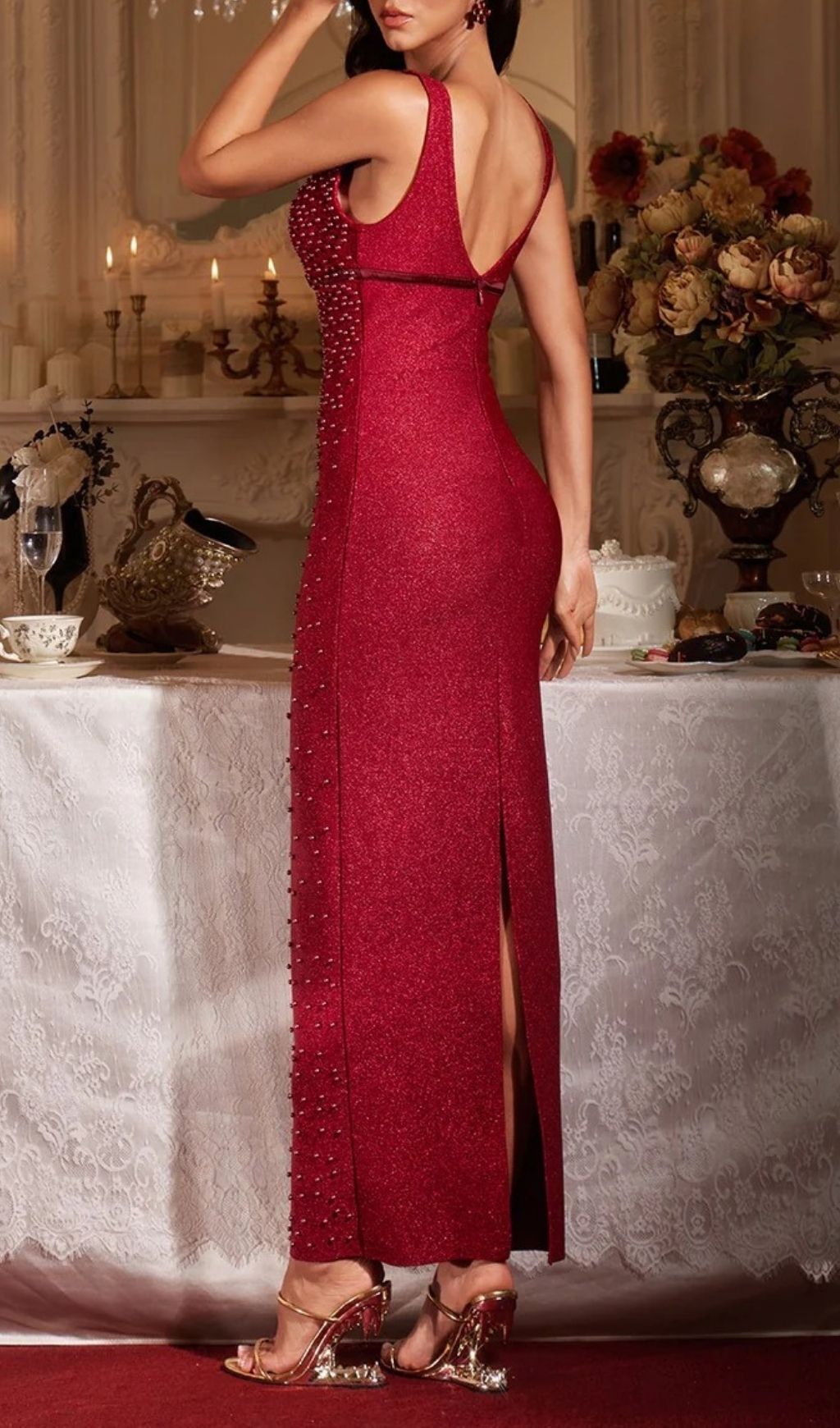 Fashionslee Women Jenaya Red Pearl Bandage Maxi Dress
