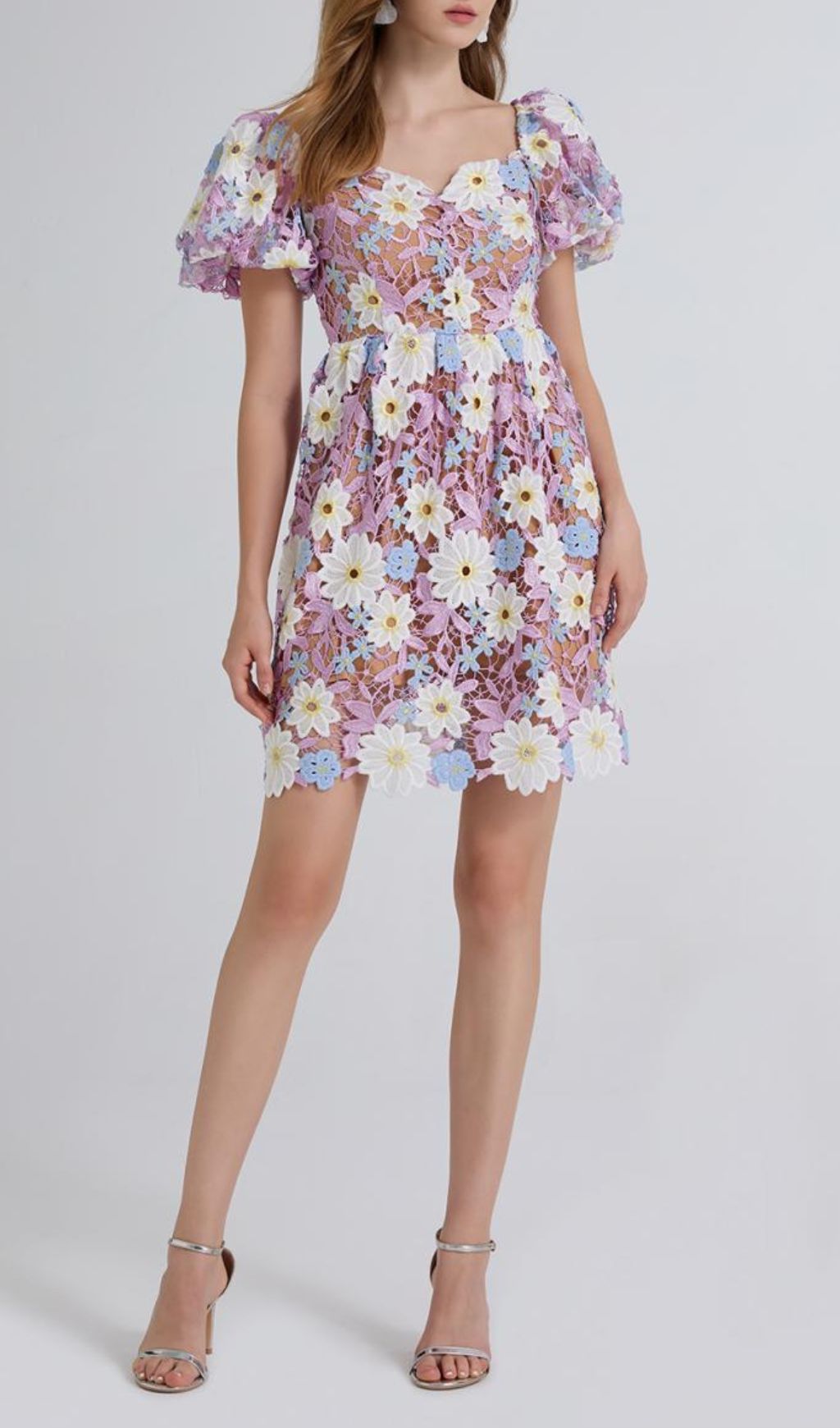Fashionslee Women Fiducia Purple Flower Embroidery Puff Sleeve Mini Dress