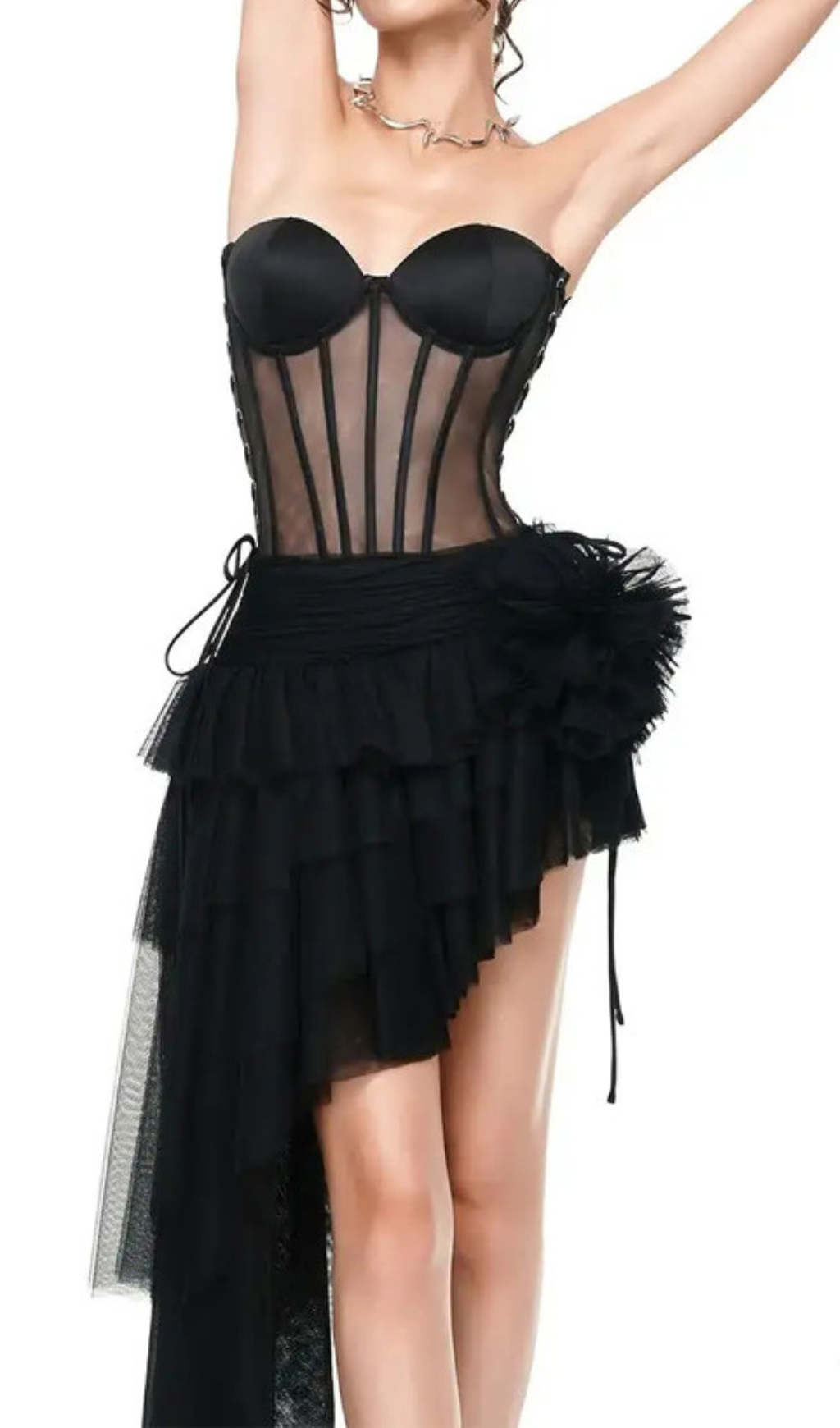f71fc8c80f1923ecb0a211fd3a234794.png Fashionslee Women Gaetana Black Corset Top & Irregular Mesh Skirt Set