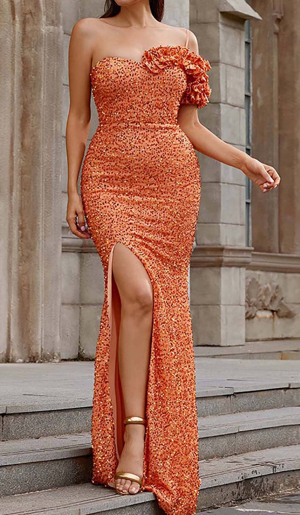 f73c12442708187c42a5f6a3b74a1316.jpeg Fashionslee Women Ayn Orange Sequined Slit Maxi Dress