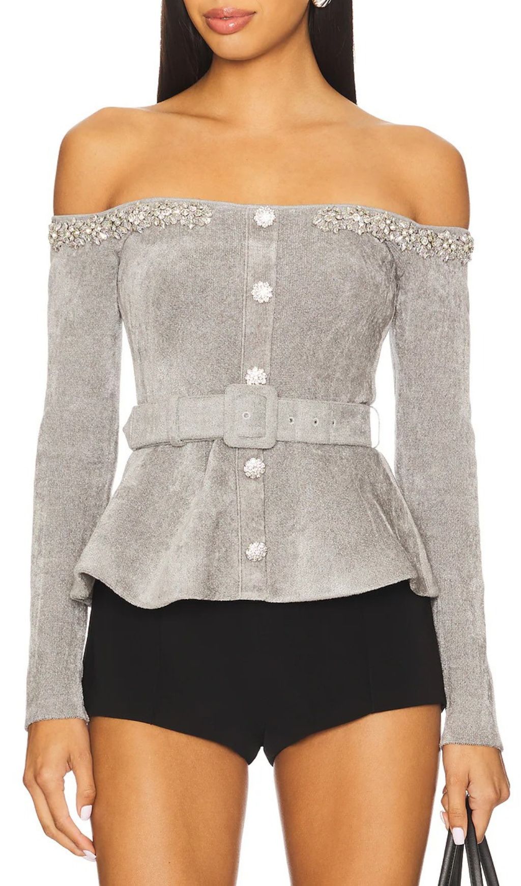 Fashionslee Women Harlean Grey Diamante Belt Cardigan