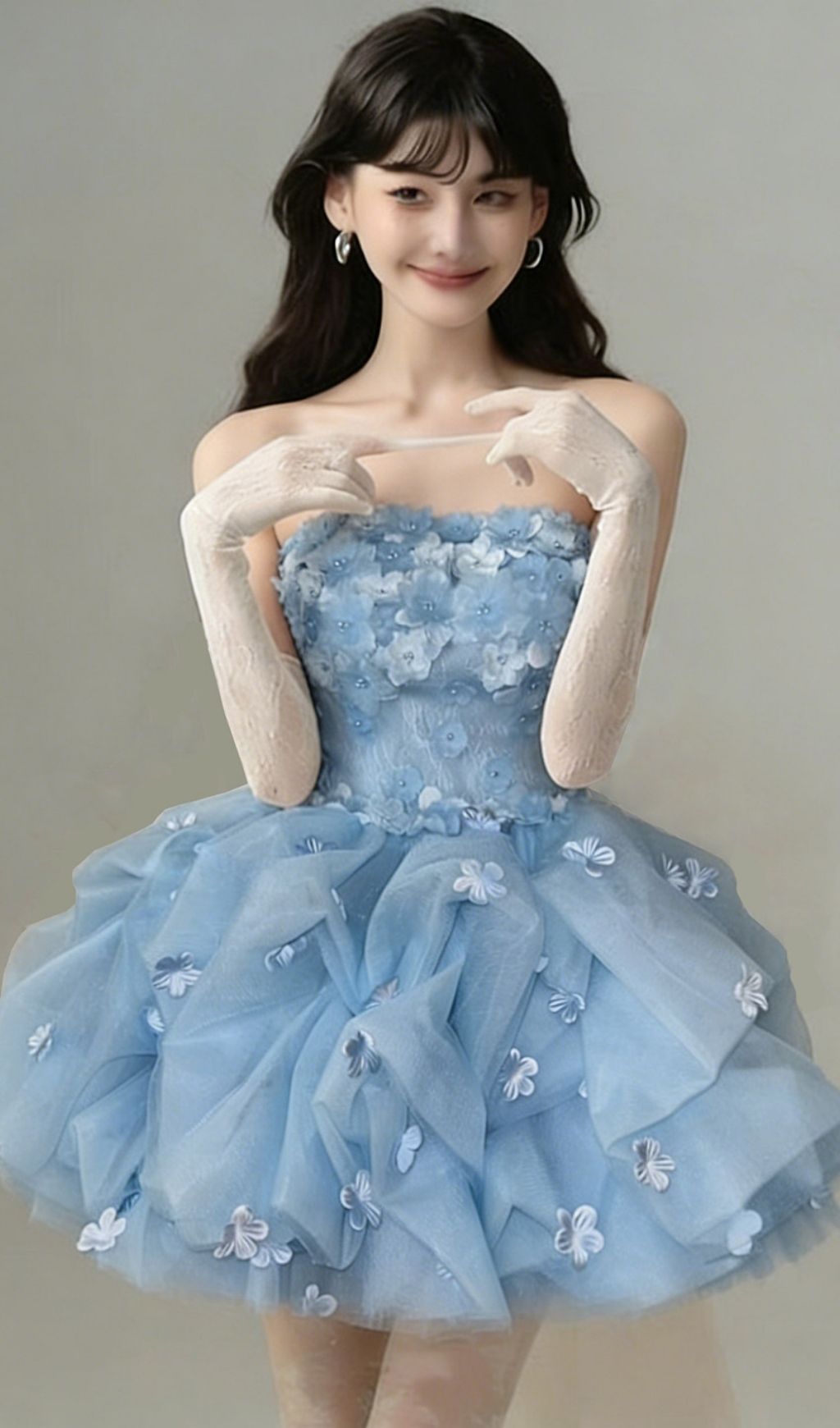 Fashionslee Women Krista Blue Strapless Flower Mini Dress