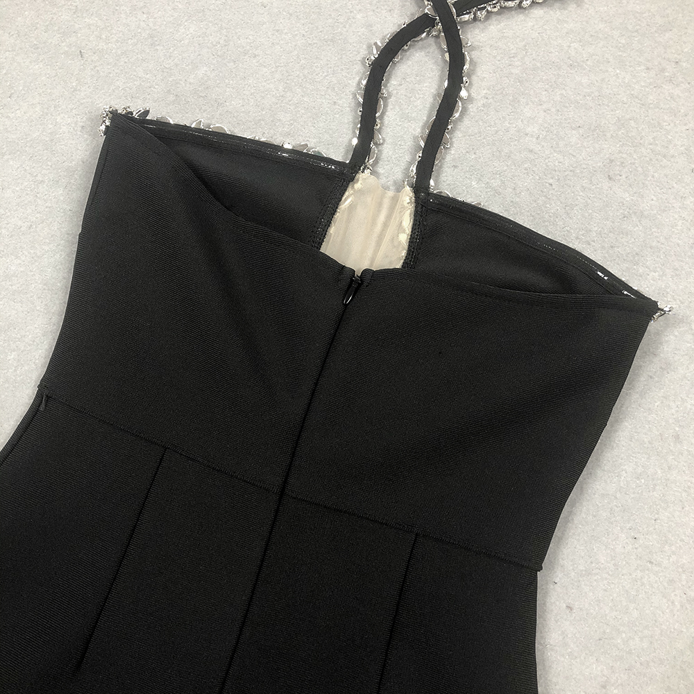 Fashionslee Women Bellini Black Halter Crystal Maxi Dress