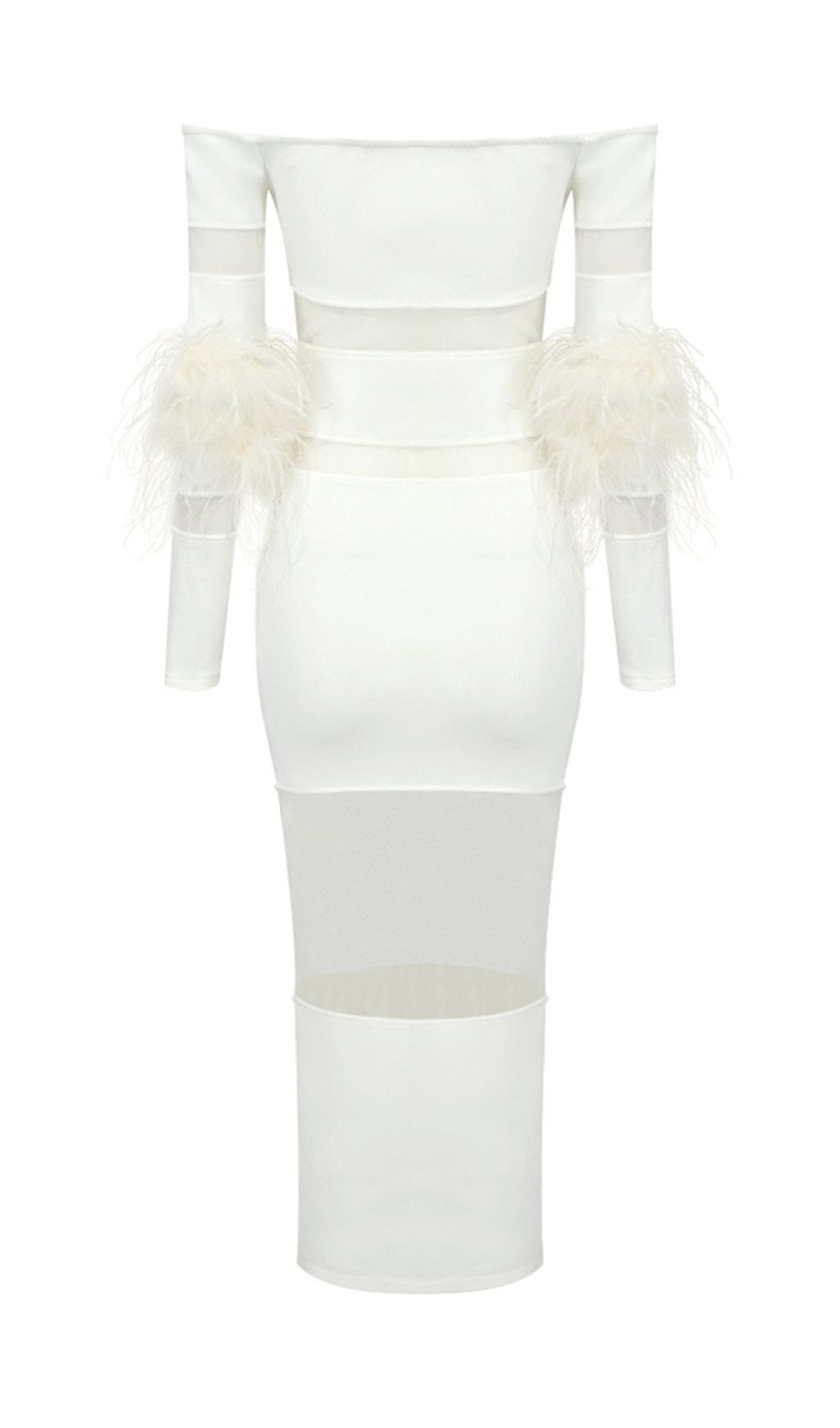 Fashionslee Women Bandage Off-Shoulder Feather Midi Dress In White