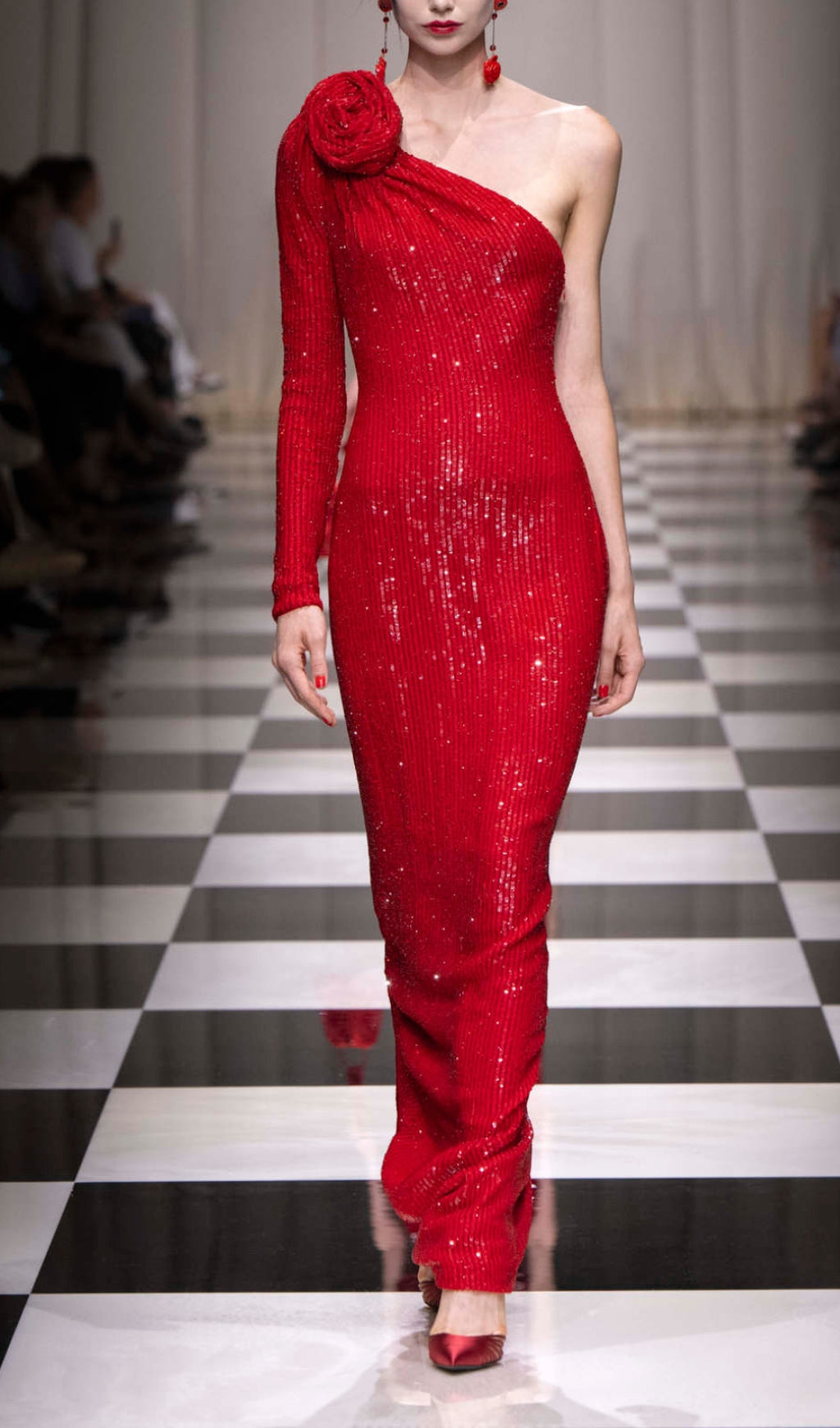 Fashionslee Women Red Three-Dimensional One-Shoulder Floral Sequined Stretch Dress