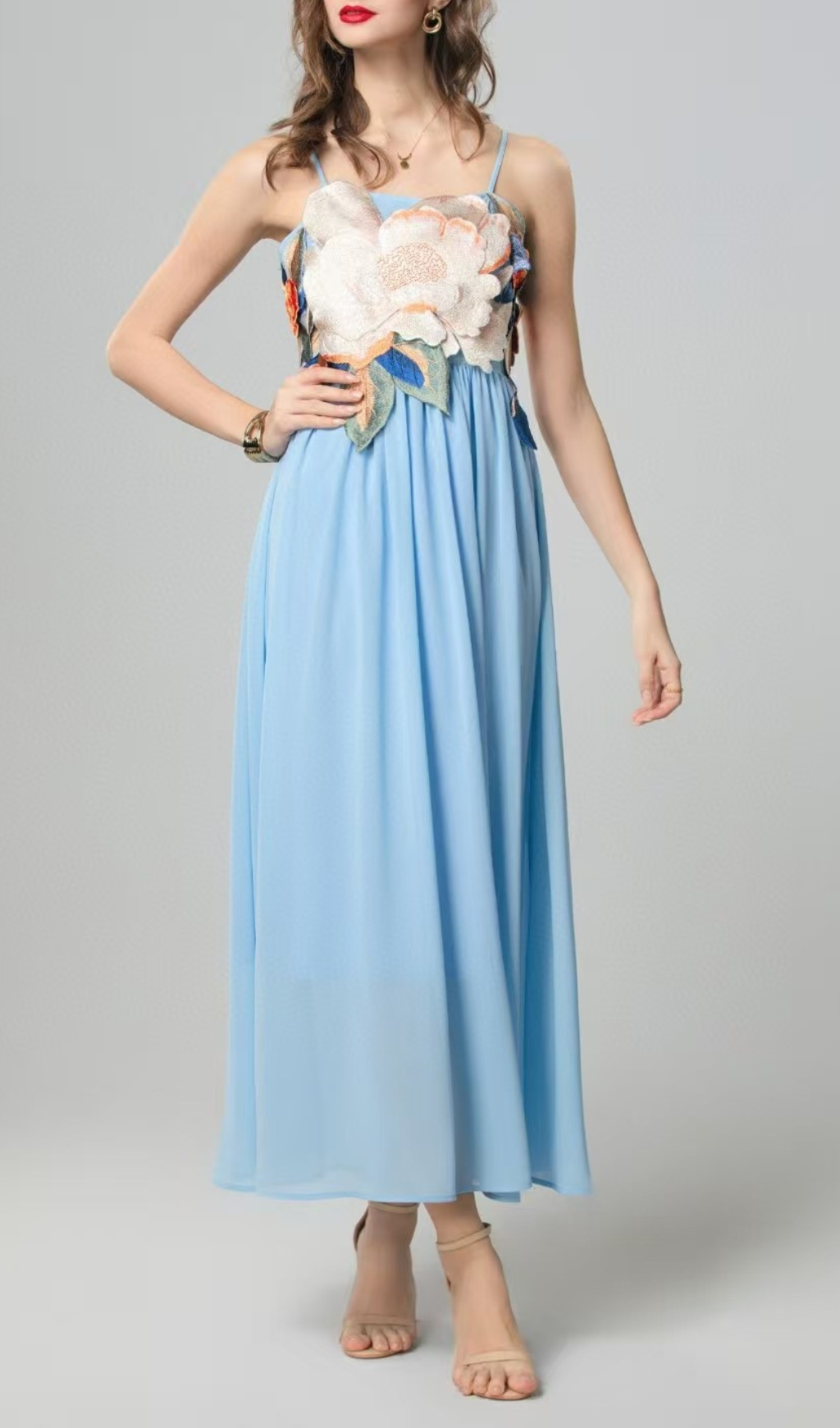 Fashionslee Women Emanuele Blue Flower Embroidery Maxi Dress