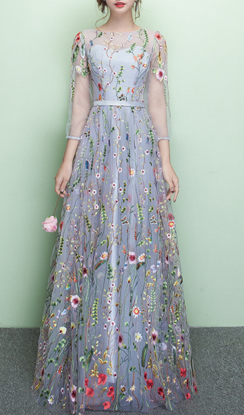 Fashionslee Women Dannell Gray Flower Mesh Sleeve Maxi Dress