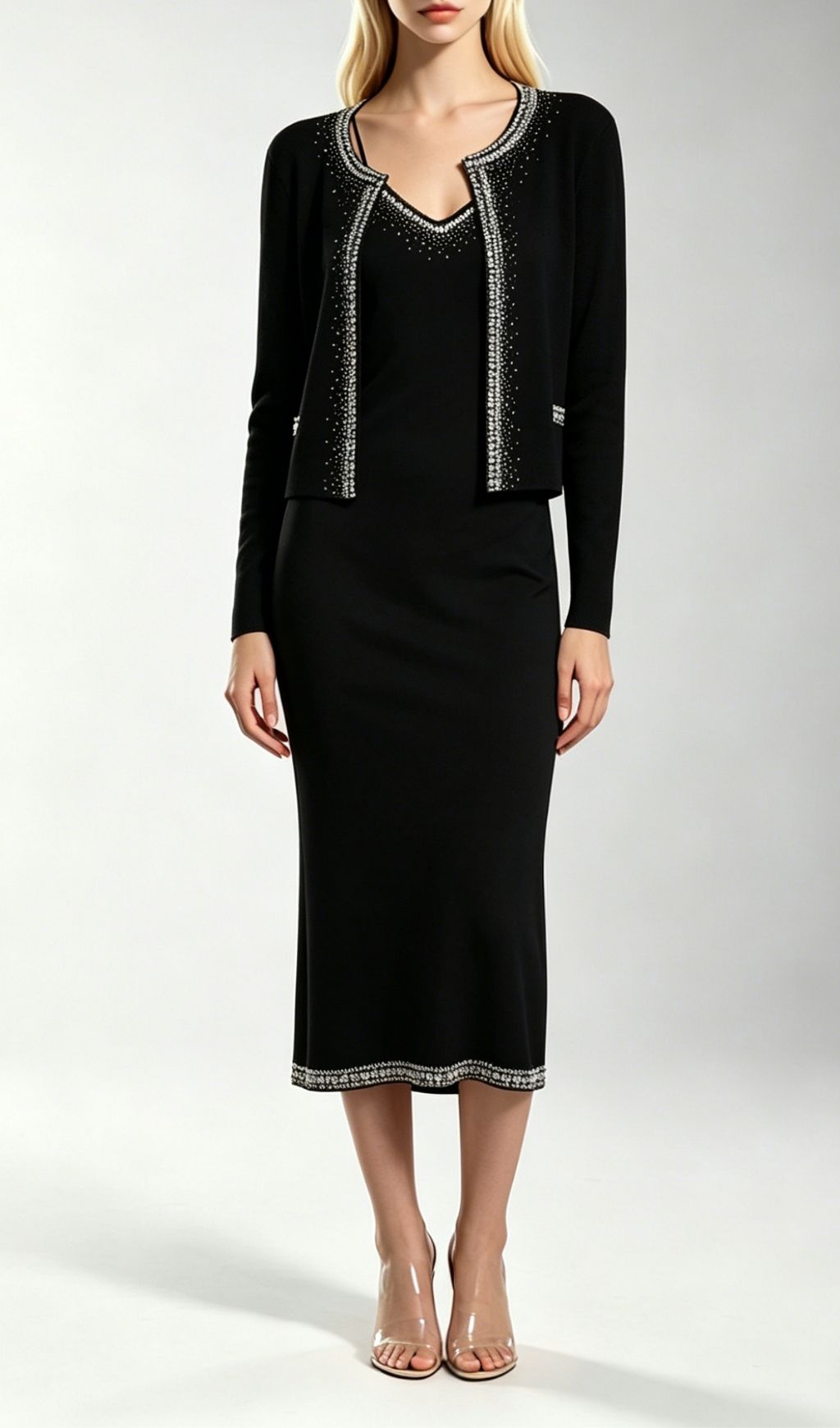Fashionslee Women Kinsey Black Diamante Knit Cardigan & Midi Dress Set