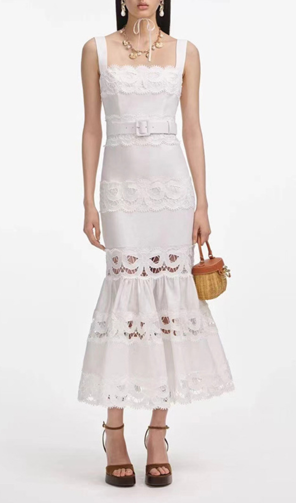 Fashionslee Women Everly White Embroidery Belt Midi Dress