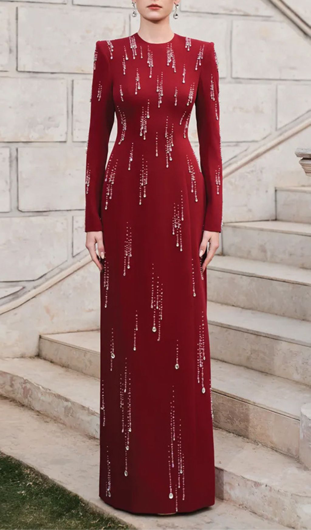 Fashionslee Women Joyita Red Long Sleeve Diamante Maxi Dress