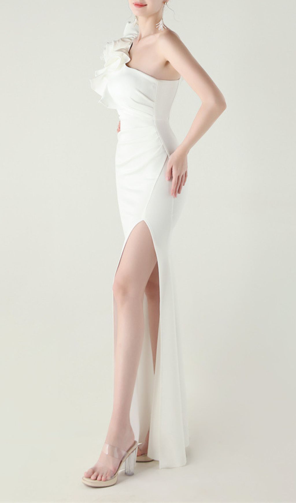 TRENDING WHITE ONE-SHOULDER RUFFLE MAXI DRESS - OWNCI TRENDING WHITE ONE-SHOULDER RUFFLE MAXI DRESS - OWNCI
