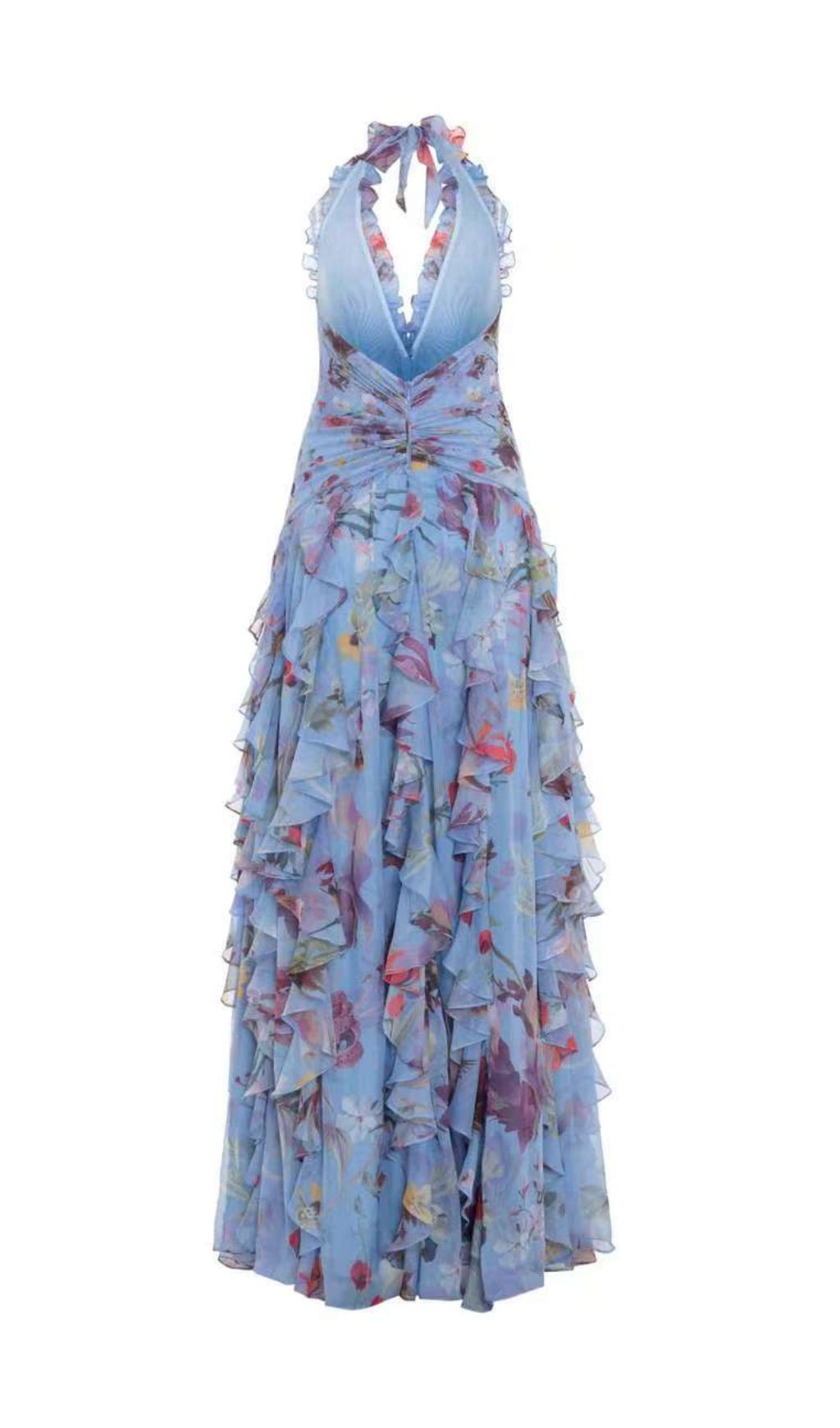 Fashionslee Women Delicah Blue Halter Floral Ruffle Maxi Dress