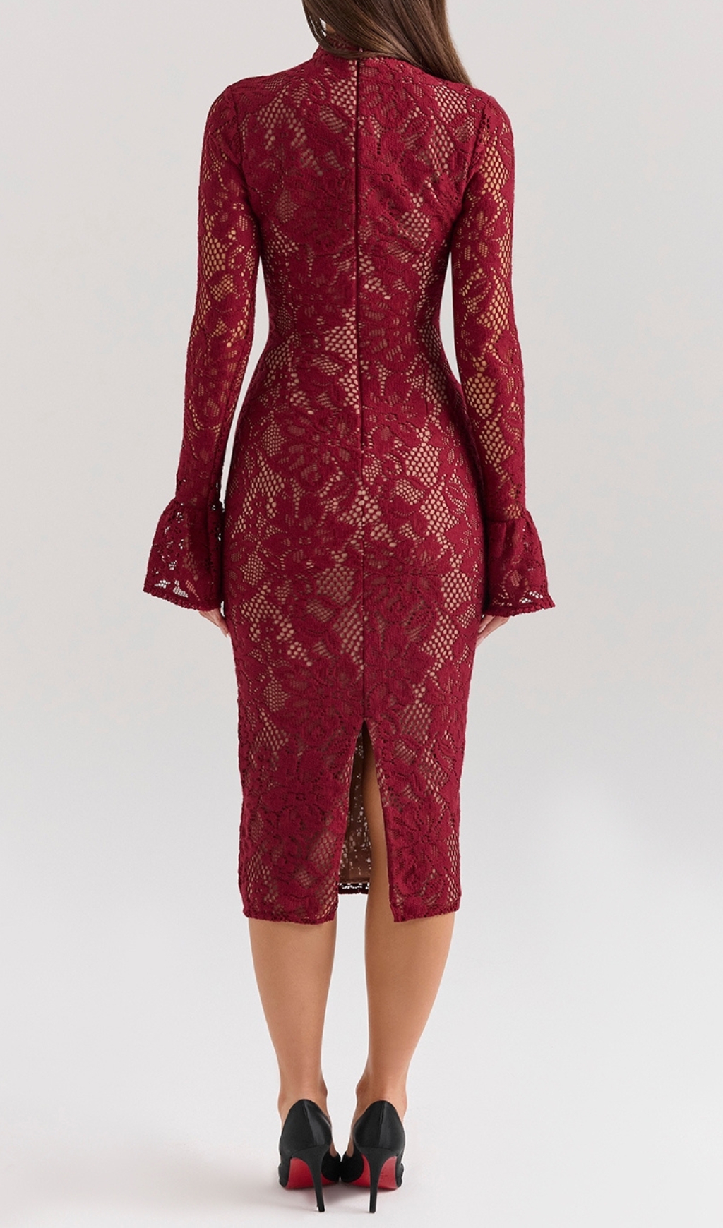 Fashionslee Women Cayman Red Lace Long Sleeve Midi Dress