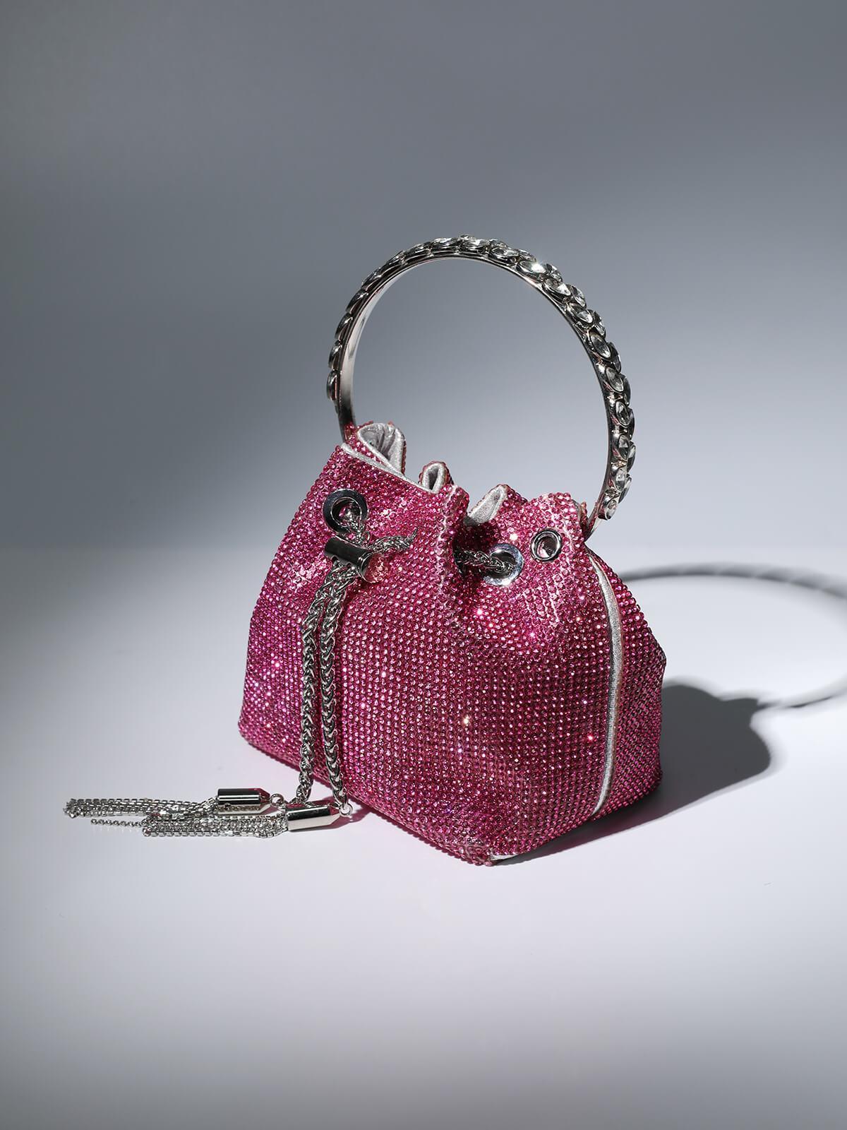 f8e4585788b656aa6330bd1ec99e5fd5.jpeg Fashionslee Women Crystal Embellished Bucket Bag In Hot Pink