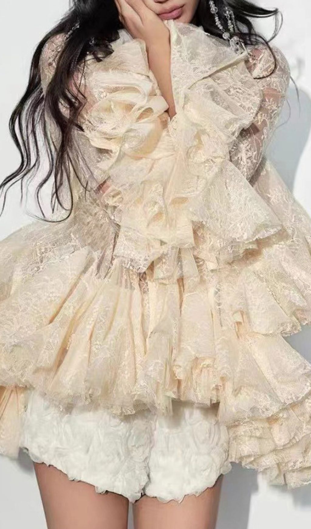 Fashionslee Women Fanta Lace Trumpet Sleeve Blouse Mini Dress