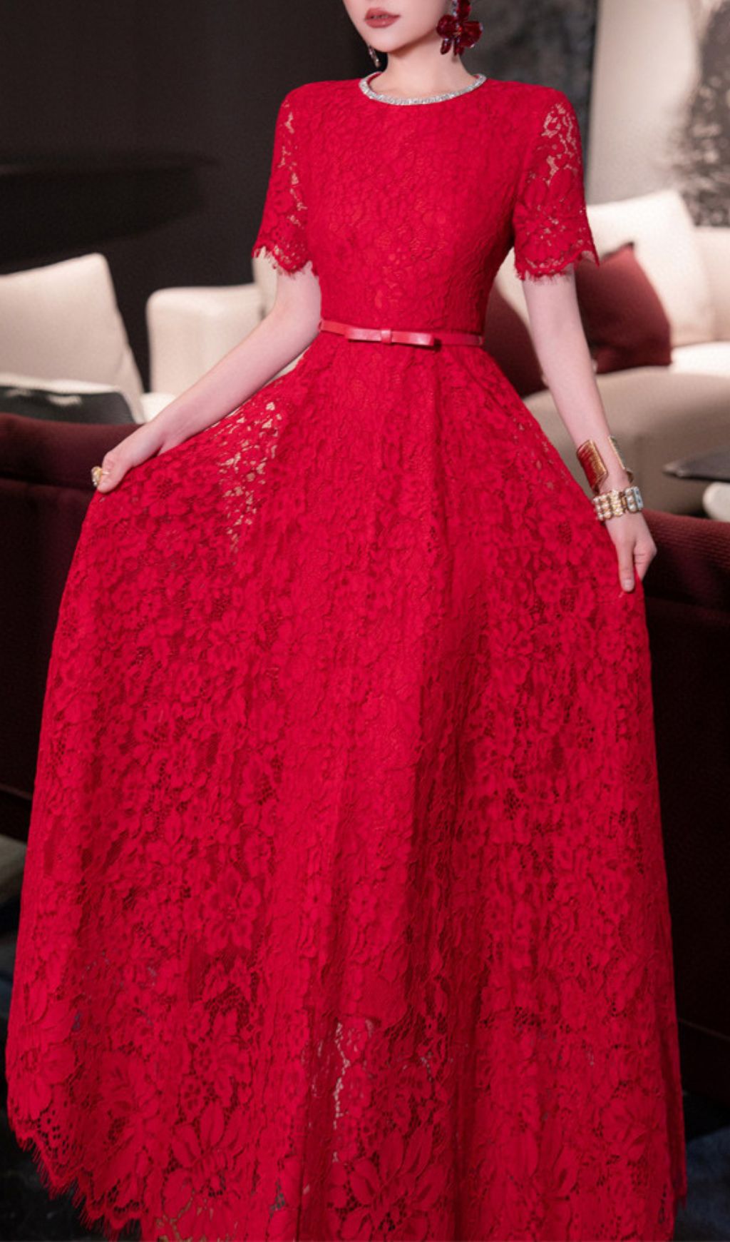 Fashionslee Women Hilary Red Lace Midi Dress