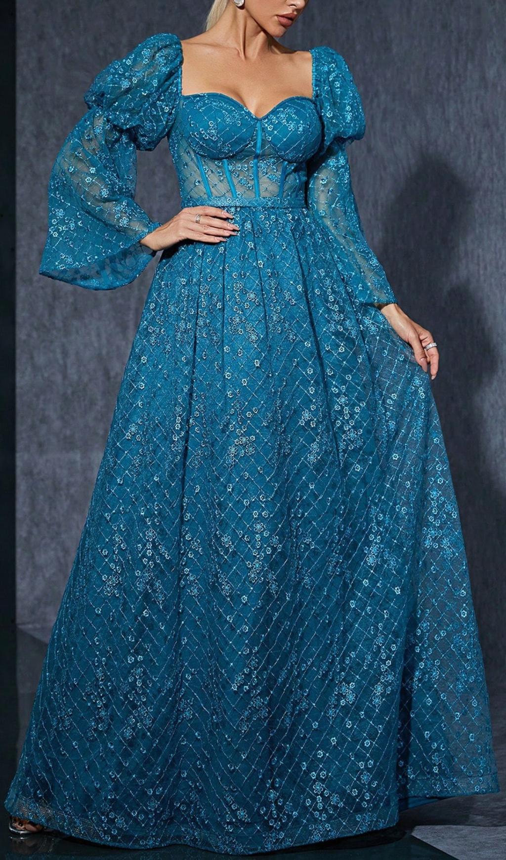 Fashionslee Women Dita Blue Corset Floral Embroidery Maxi Dress