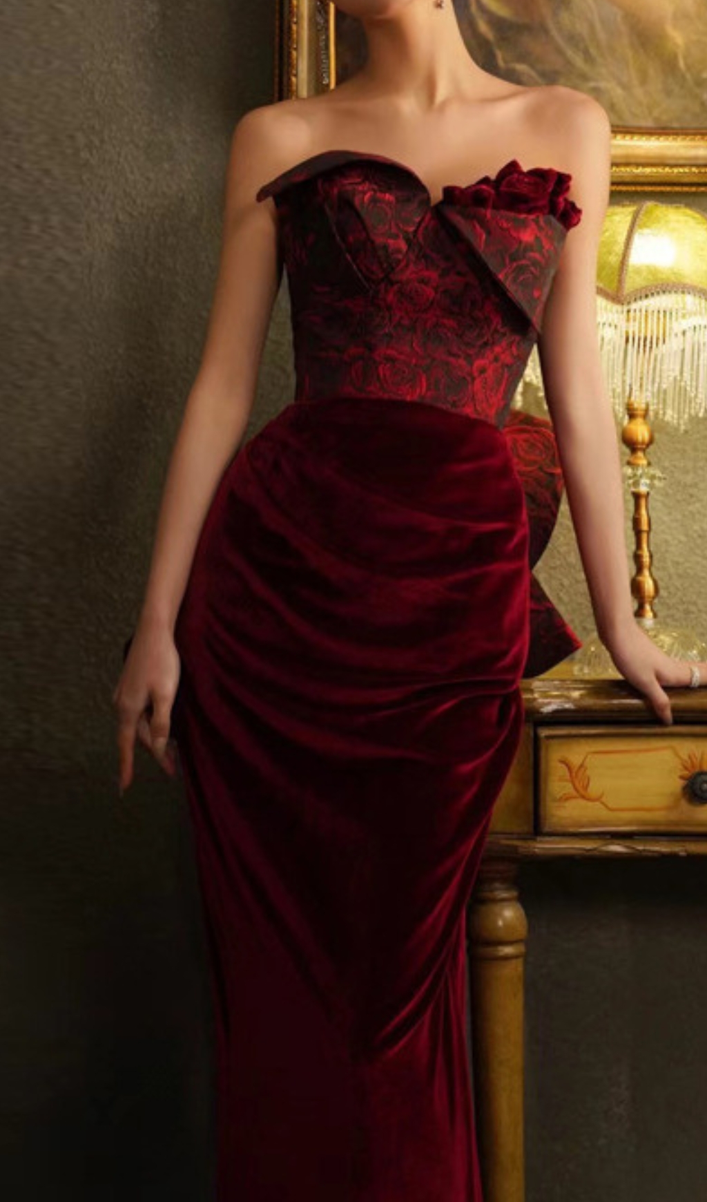 Fashionslee Women Chainey Wine Flower Velvet Maxi Dress