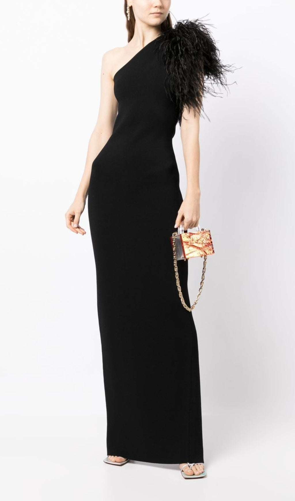 Fashionslee Women Black One-Shoulder Feather Maxi Dress