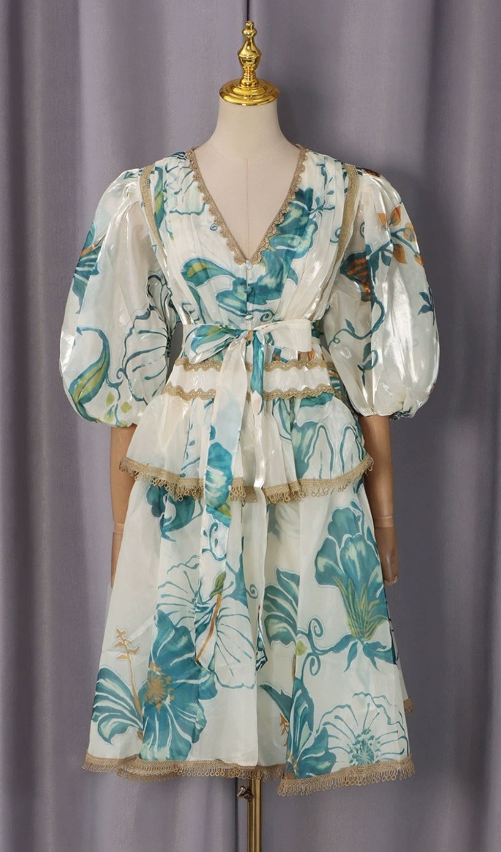 Fashionslee Women Kirra Blue V-Neck Printed Puff Sleeve Midi Dress