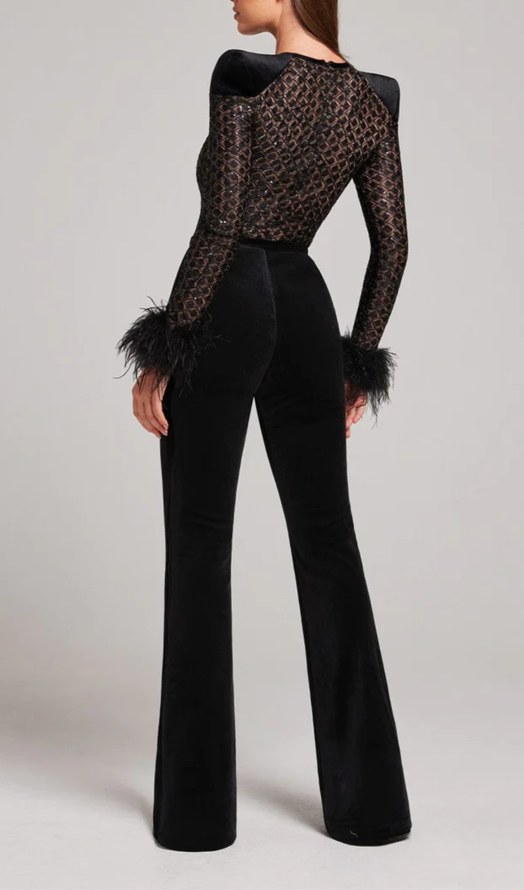 Fashionslee Women Aysel Black Feather Sequin Jumpsuit