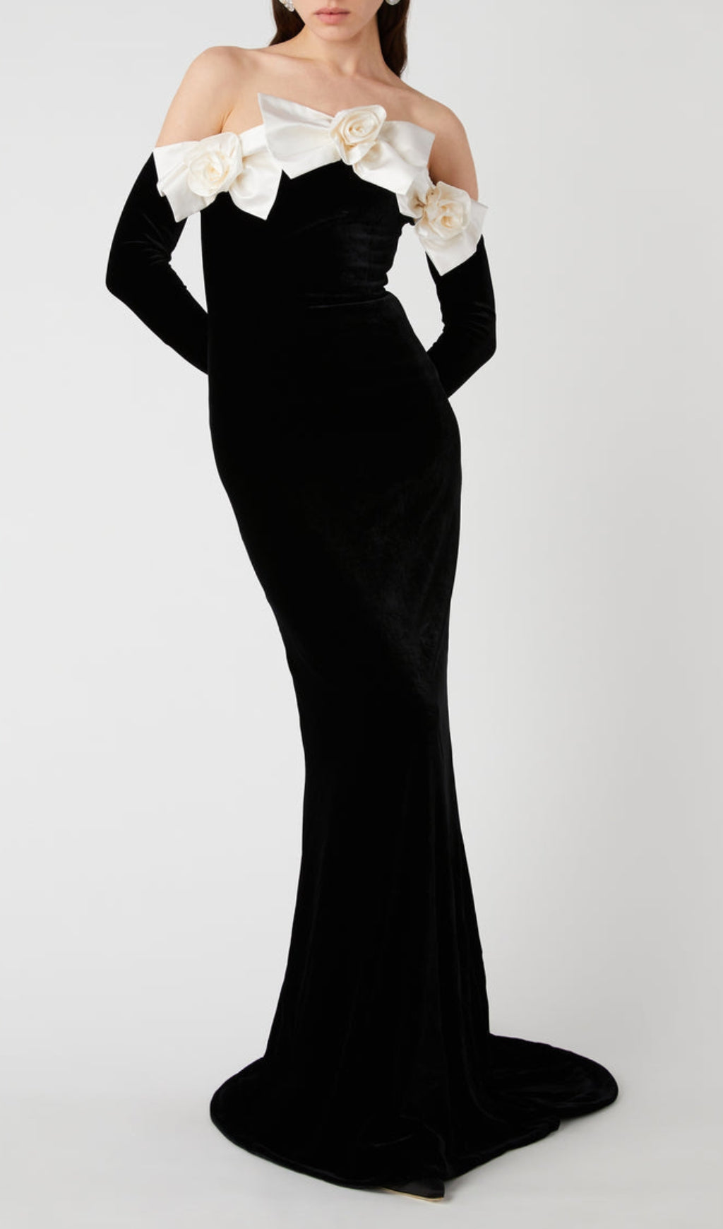 Fashionslee Women Binnie Black Bow Flower Velvet Maxi Dress