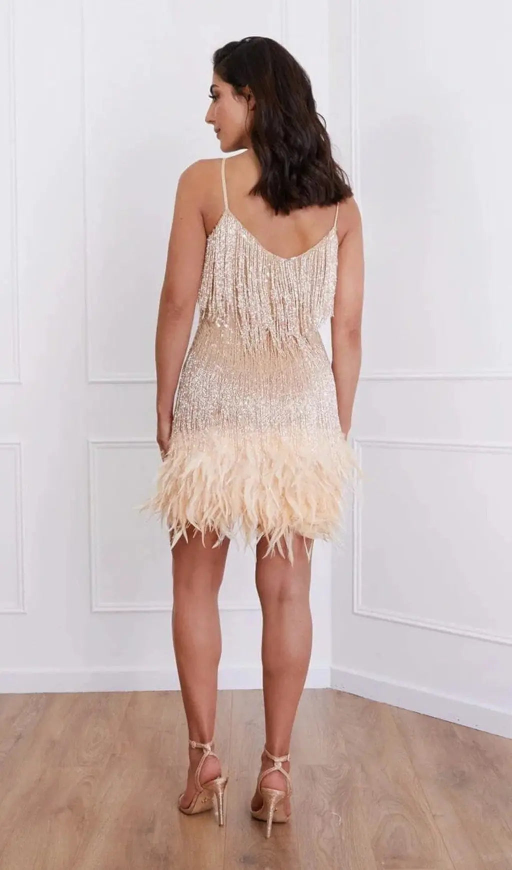 Fashionslee Women Tassel Feather Mini Dress In Beige
