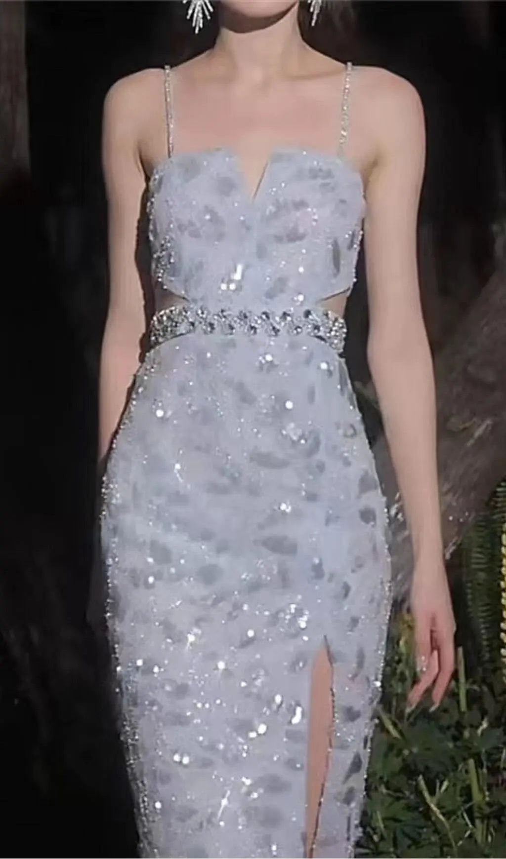 Fashionslee Women Mesh Diamond Cut-Out Waistless Sequin Splid Dress In Light Blue