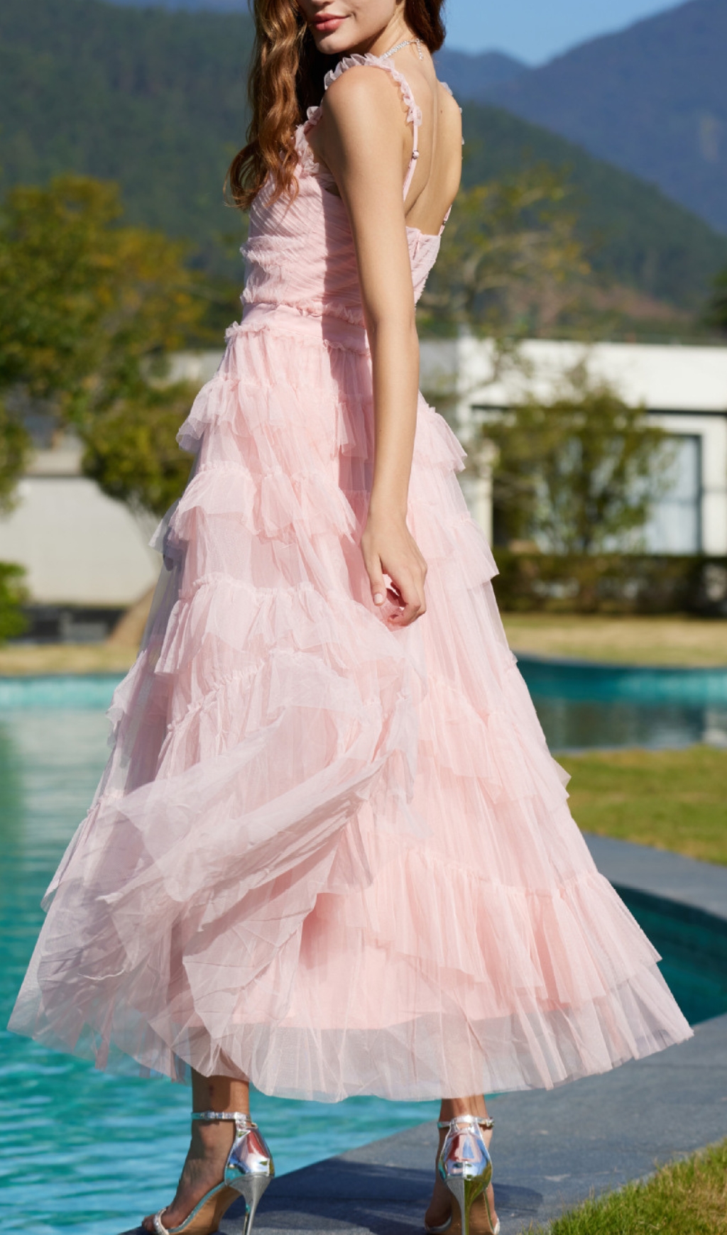 Fashionslee Women Pink Ruffle V Neck Sleeveless Tiered Tulle Maxi Dress