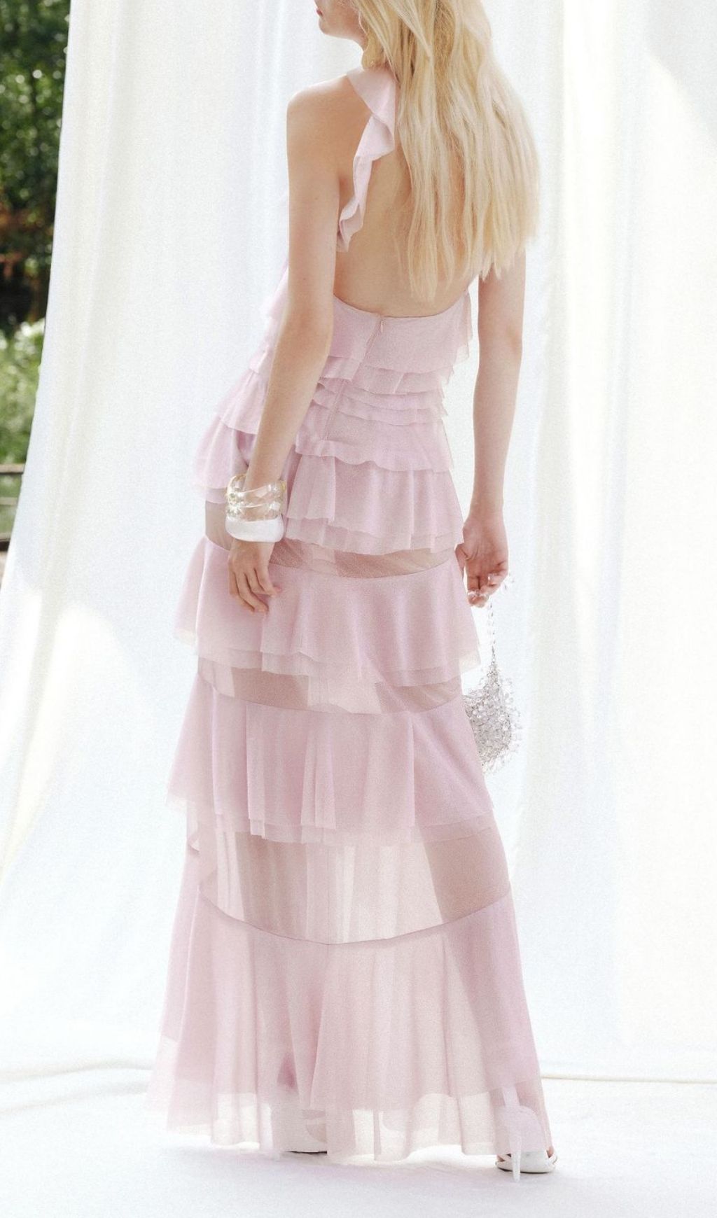 Fashionslee Women Knute Pink Ruffle Layered Backless Maxi Dress