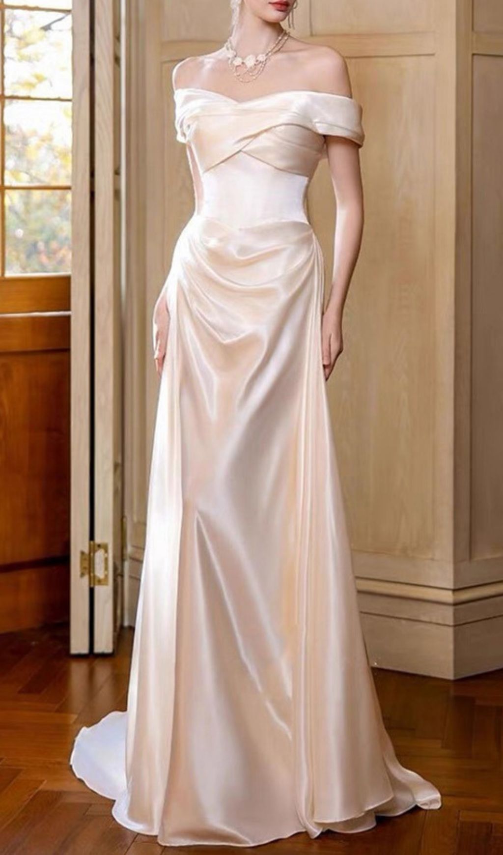 Fashionslee Women Kaur White Satin Off-Shoulder Wedding Dress