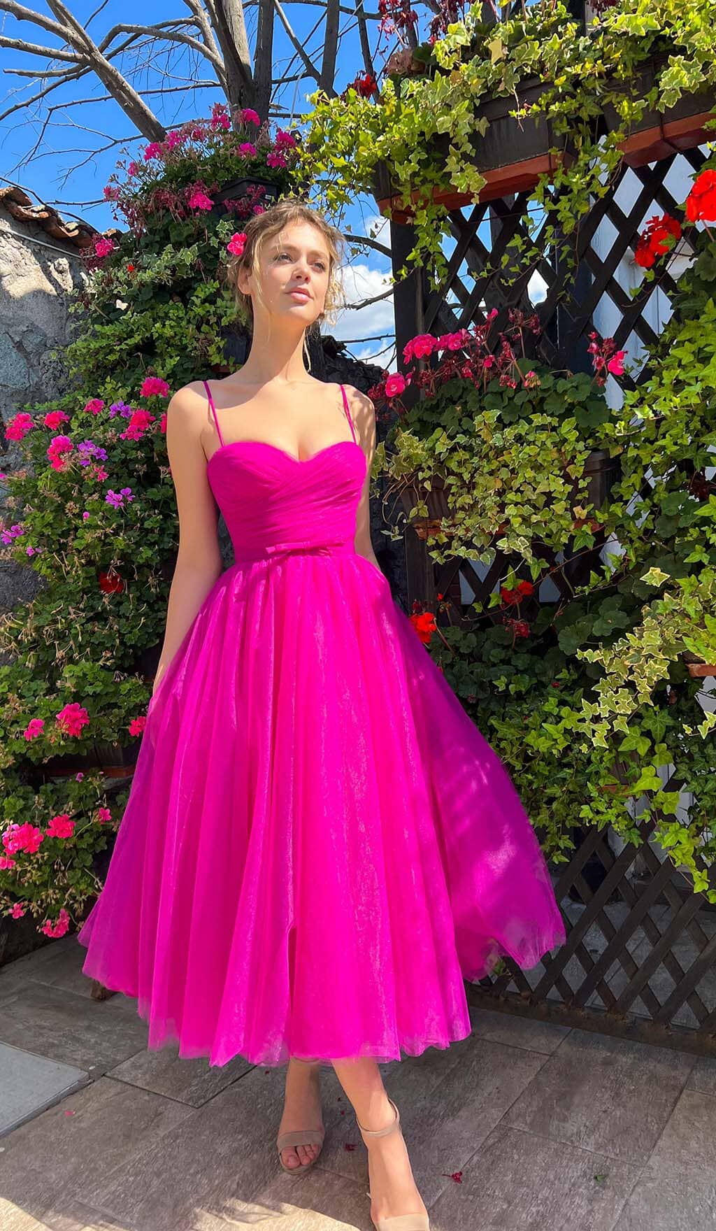Fashionslee Women Pleats Spaghetti Straps Midi Dress In Hot Pink