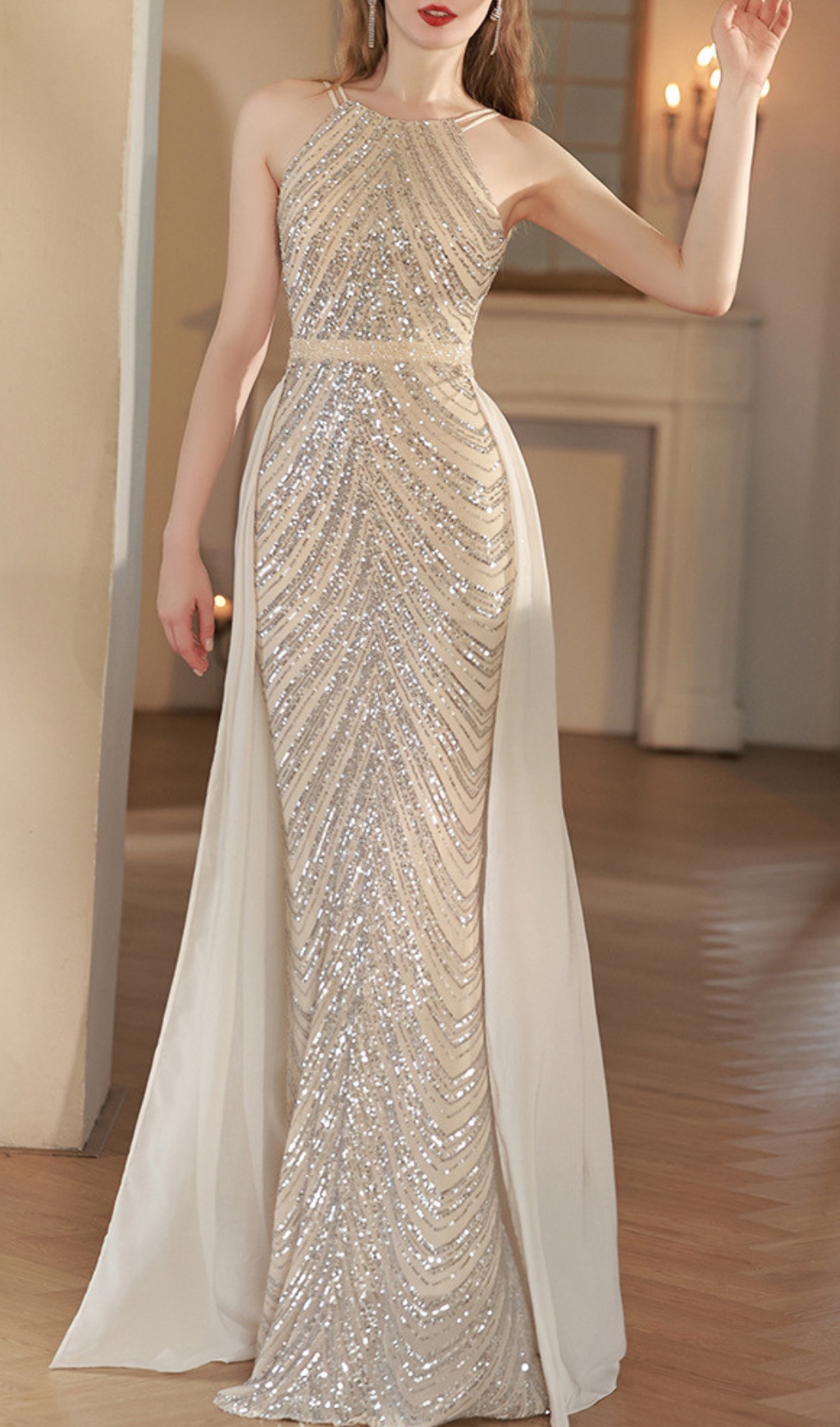 fa7f99b674e77a19bc125ac7b499e7d9.jpg Fashionslee Women Colombe Champagne Halter Sequin Maxi Dress