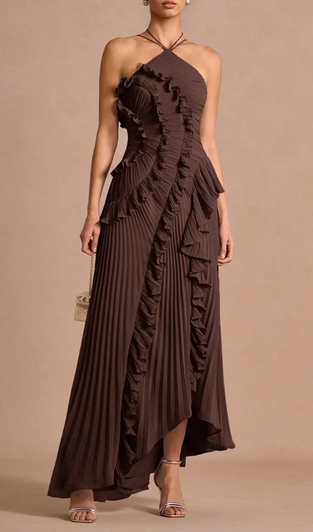 Fashionslee Women Finneas Brown Halter Pleated Maxi Dress