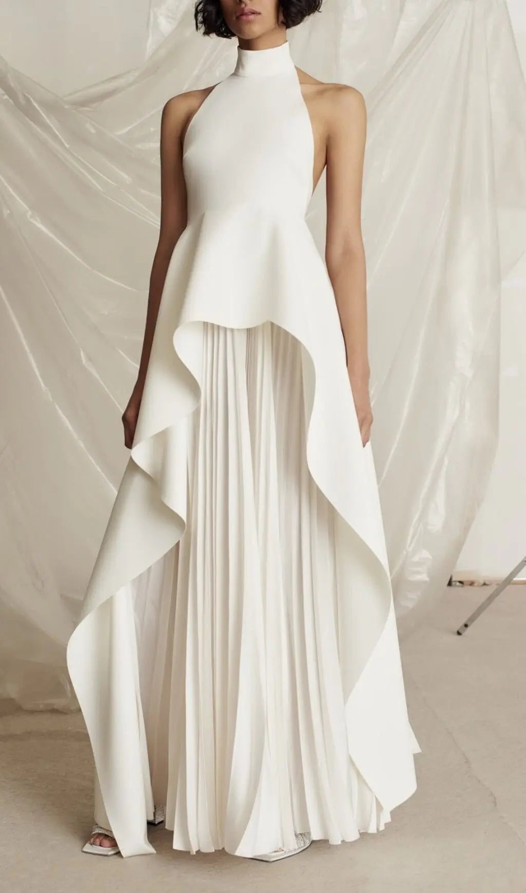 Fashionslee Women Bandage Halter Irregular Maxi Dress In White